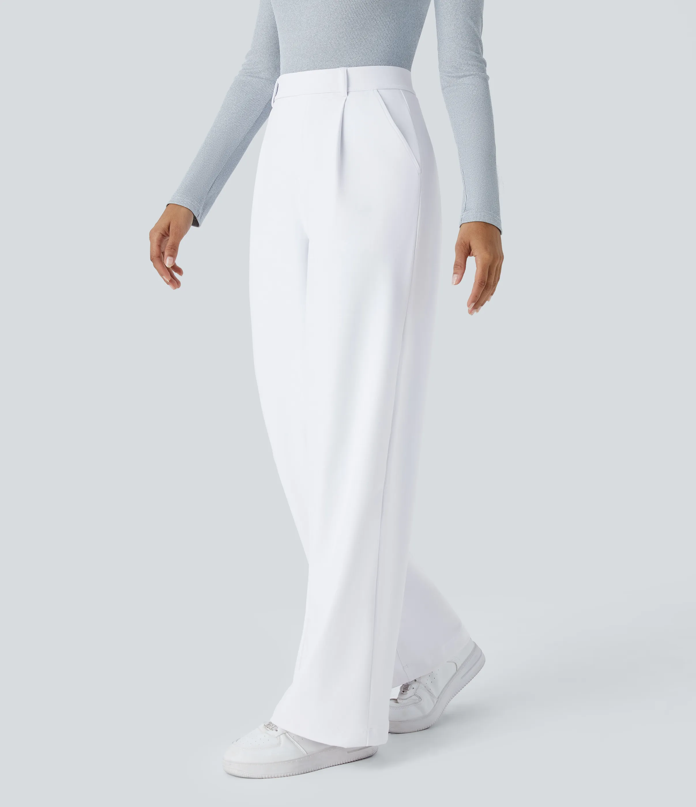 Halara Pantalón oficina pierna recta bolsillo lateral tiro alto pliegue - White - XS(extall) sold by Halara product image thumbnail 4