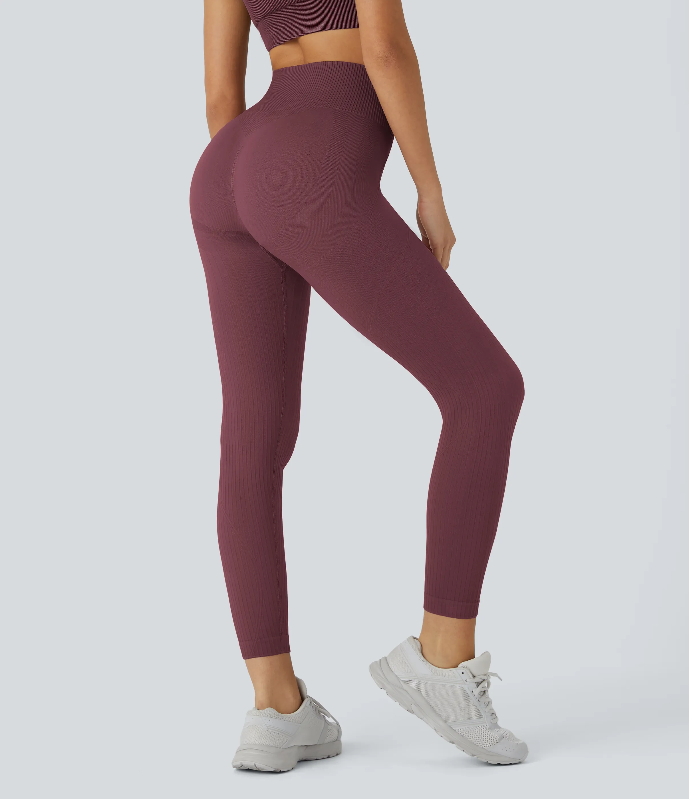 Halara Leggings de entrenamiento acanalados con tiro alto suaves y sin costuras con control de abomen y push-up - Burgundy - XS(7/8) sold by Halara product image thumbnail 3