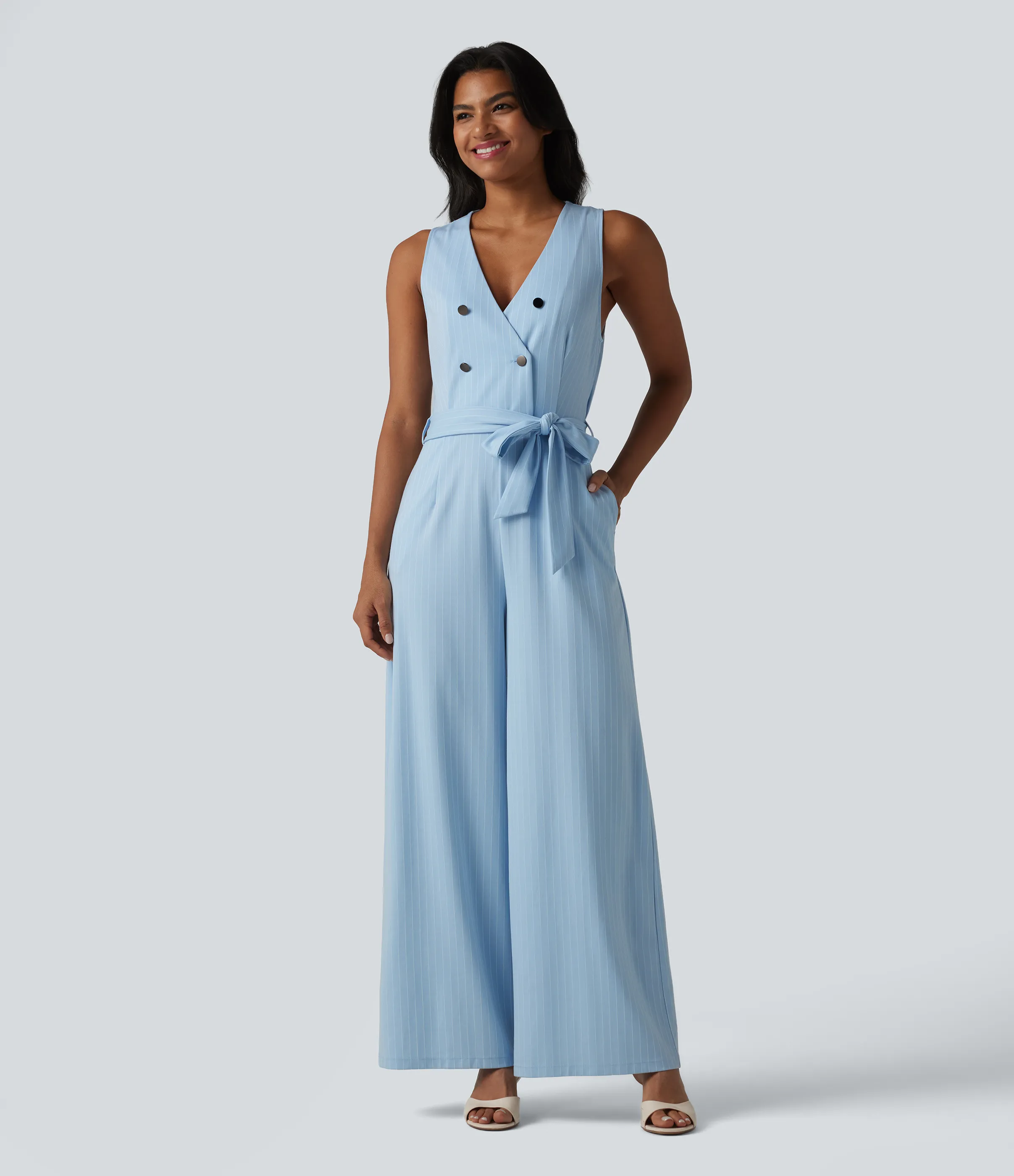 Halara Mono de oficina a rayas sin mangas con cuello en V, botones, cinturón, cremallera invisible de tacto fresco con bolsillos - Easy Peezy - Cloudline Blue Stripe - S(regular) sold by Halara product image thumbnail 2