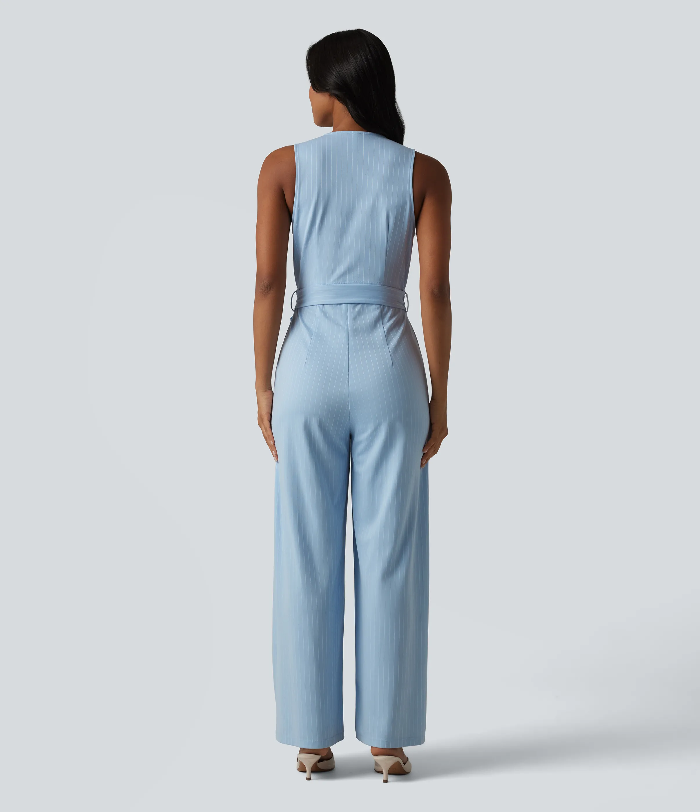 Halara Mono de oficina a rayas sin mangas con cuello en V, botones, cinturón, cremallera invisible de tacto fresco con bolsillos - Easy Peezy - Cloudline Blue Stripe - S(regular) sold by Halara product image thumbnail 3