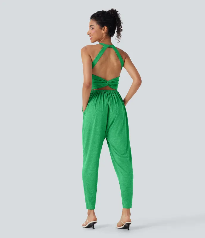 Halara Jumpsuit casual tipo harem con escote en U y bolsillos edición Easy Peezy en copas D-F - Dewleaf Green - XL(regular) made by Halara