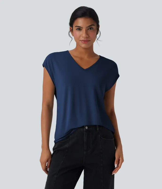 Halara Camiseta casual de manga corta con cuello en V - Sodalite Blue - S made by Halara