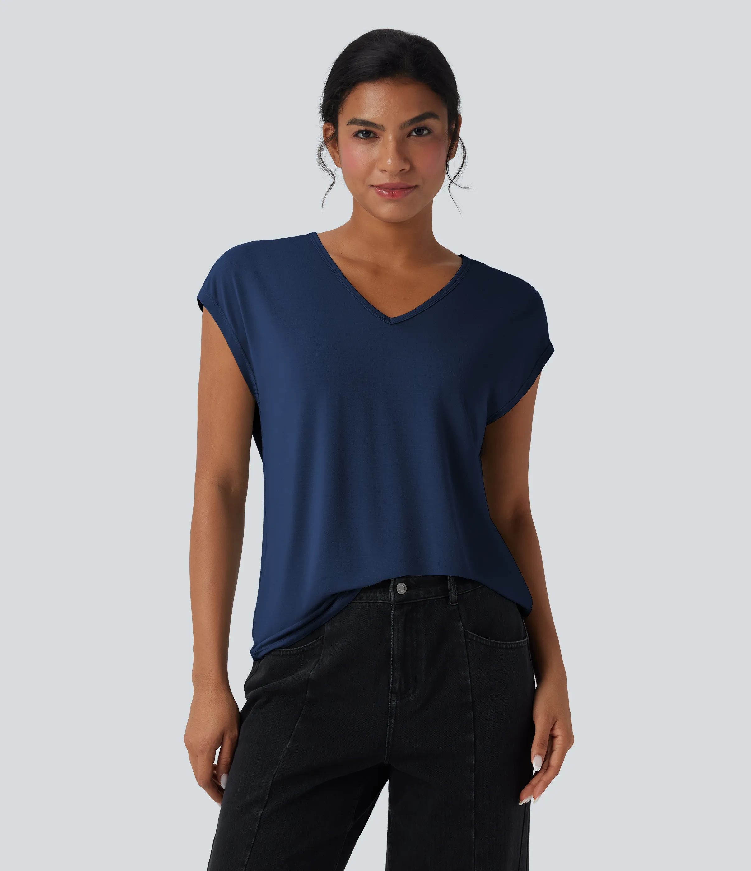 Halara Camiseta casual de manga corta con cuello en V - Sodalite Blue - S sold by Halara