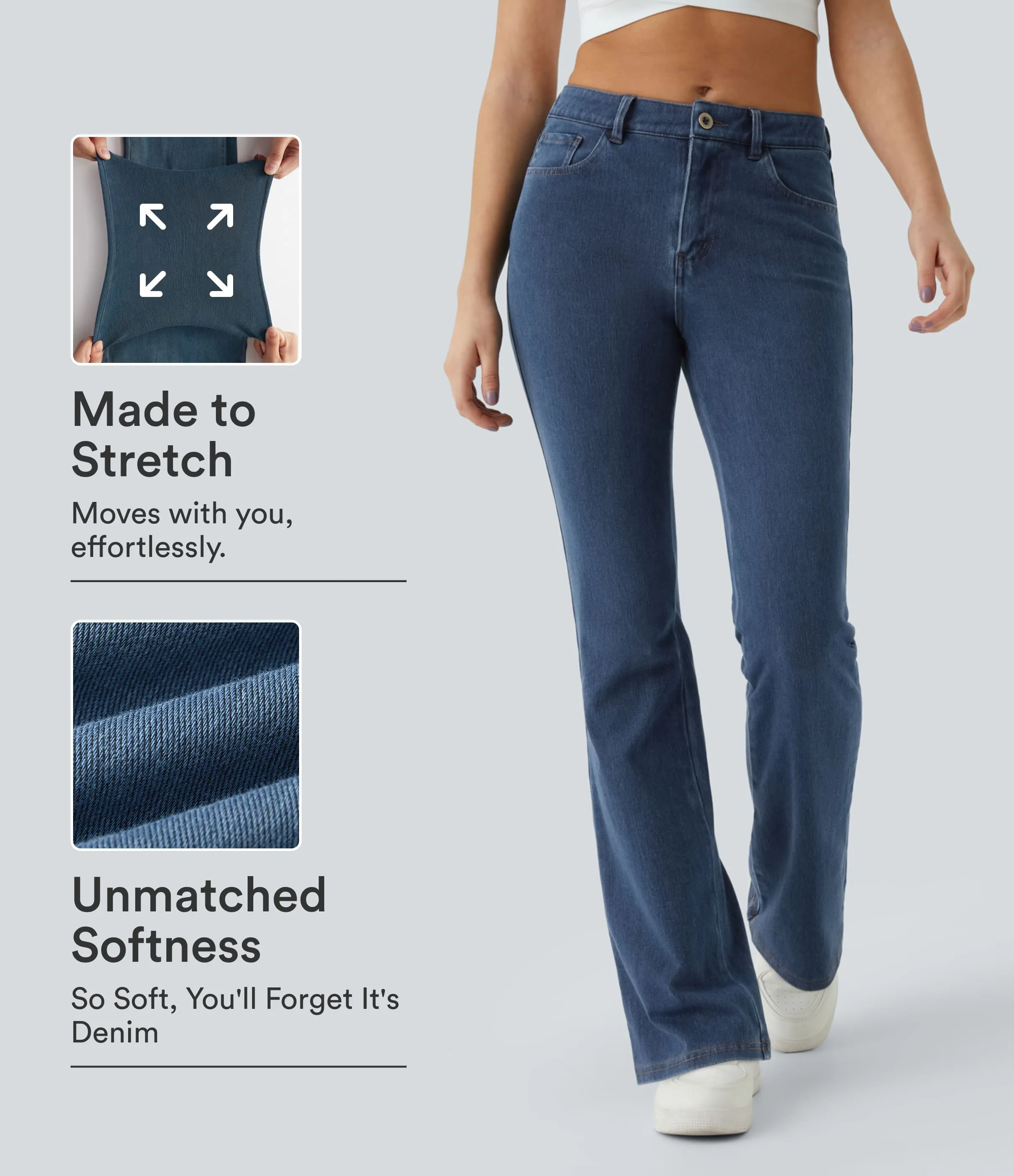 Halara Jeans Halara Flex™ Denim en corte de bota elásticos de tiro medio con botón y bolsillos - Washed Denim Bleached Blue - L(extall) sold by Halara product image thumbnail 2