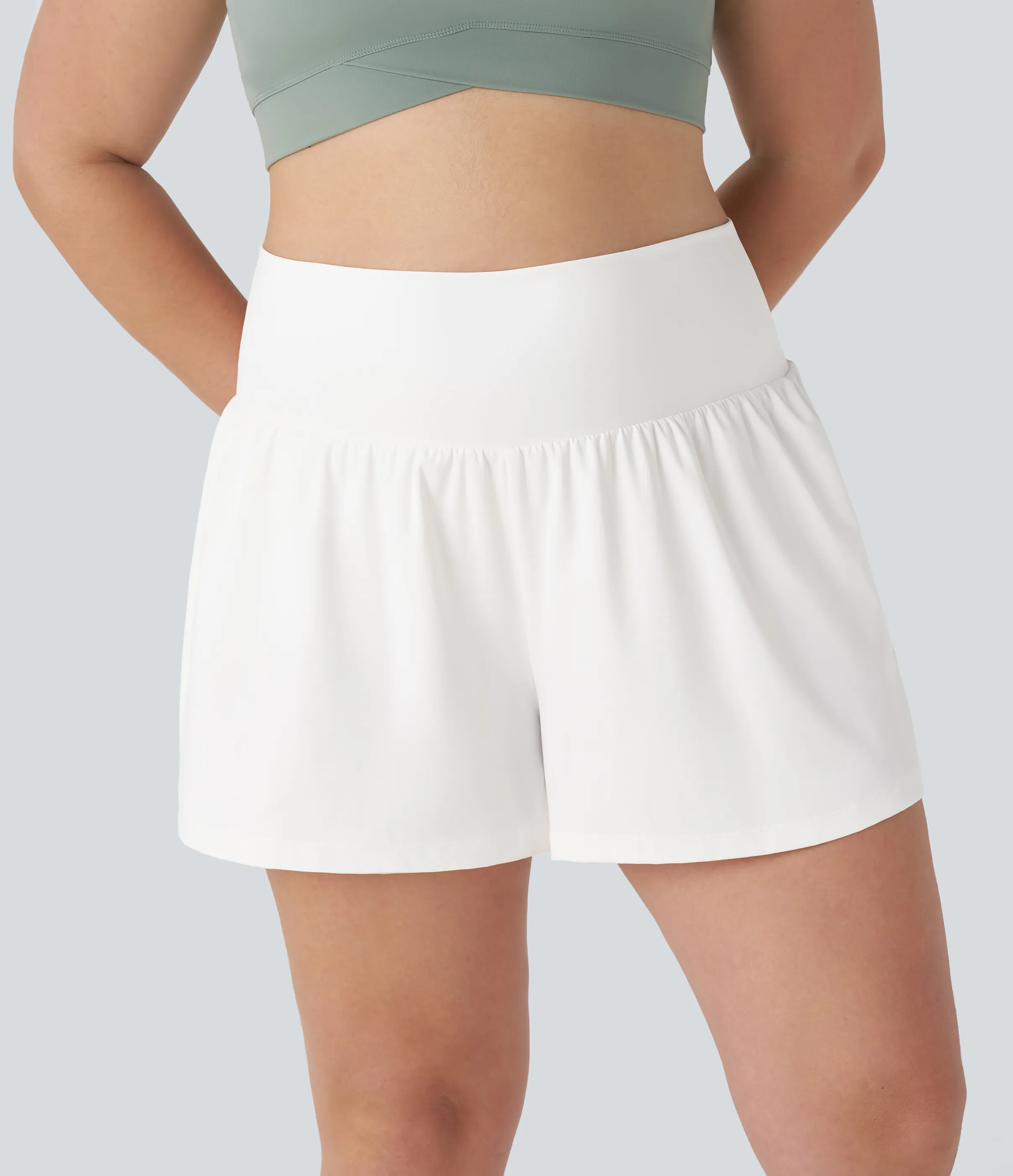 Halara Pantalón corto talla grande yoga 2 en 1 tiro súper alto bolsillo trasero oculto lateral más largo 10cm - White - 1X(Long) sold by Halara product image thumbnail 3