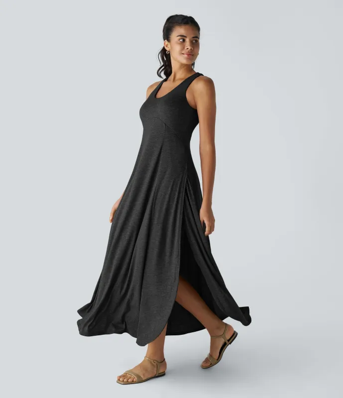 Halara Vestido sin mangas largo fluido dividido sin espalda cuello U - Black - S made by Halara