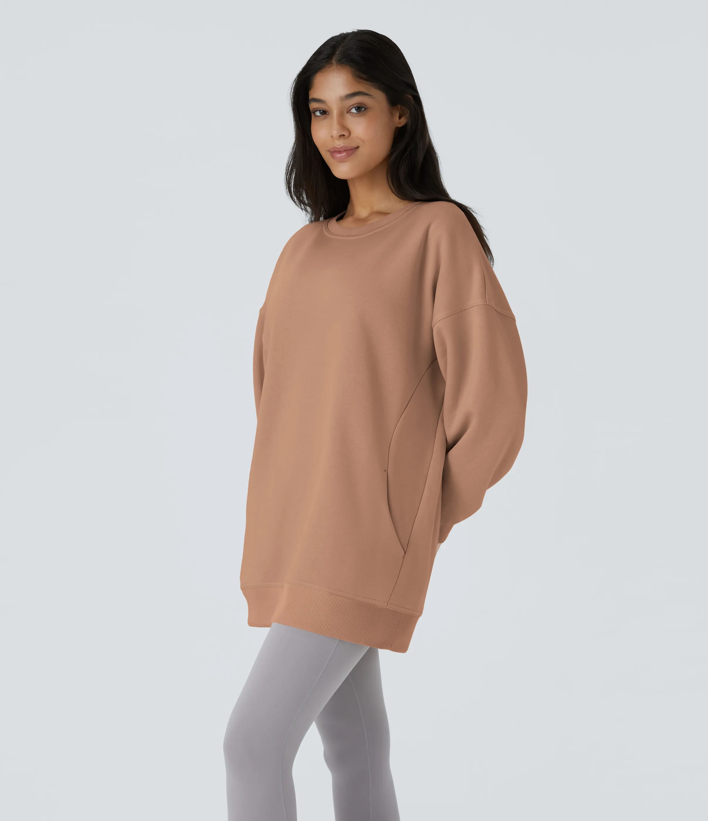 Halara Sudadera polar gran tamaño bolsillo lateral manga larga cuello redondo - Mocha Mousse - L sold by Halara product image thumbnail 4