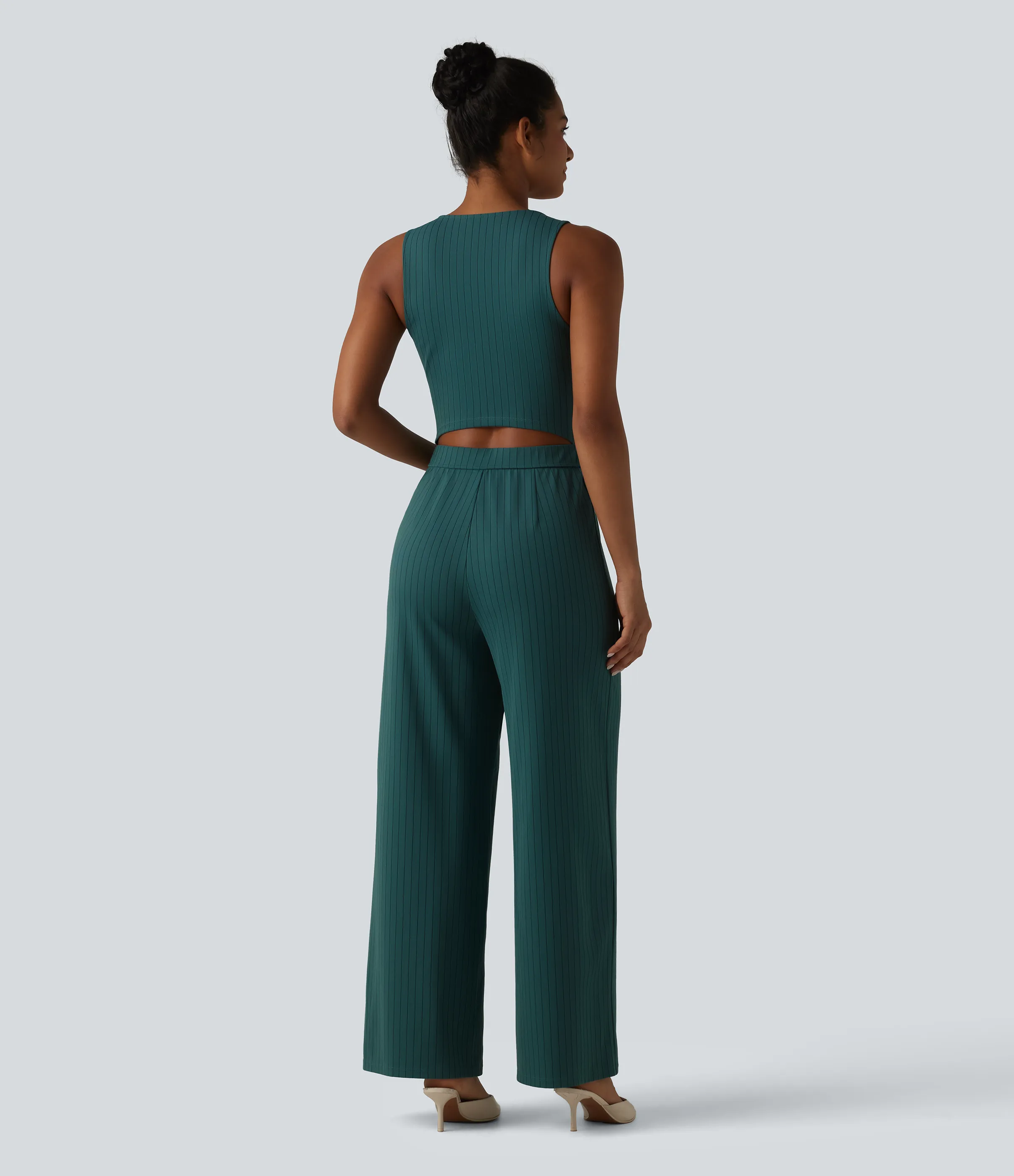 Halara Mono oficina cuello V sin mangas bolsillo delantero recortado pierna ancha rayas tacto fresco - Cloud Shadow - S(regular) sold by Halara product image thumbnail 3