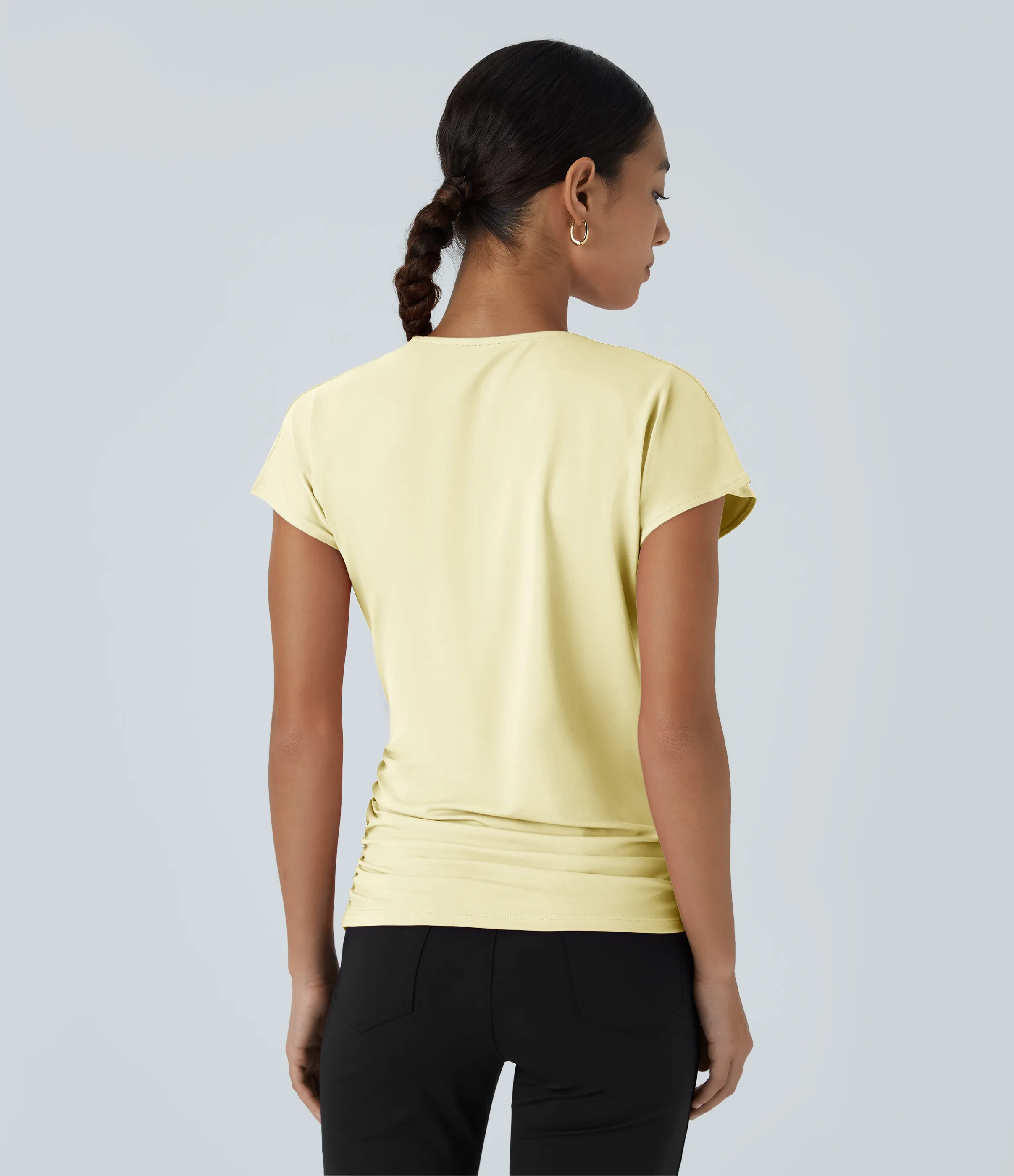 Halara Blusa oficina sólida pliegue cruzado manga japonesa cuello V - Vague Yellow - L sold by Halara product image thumbnail 3