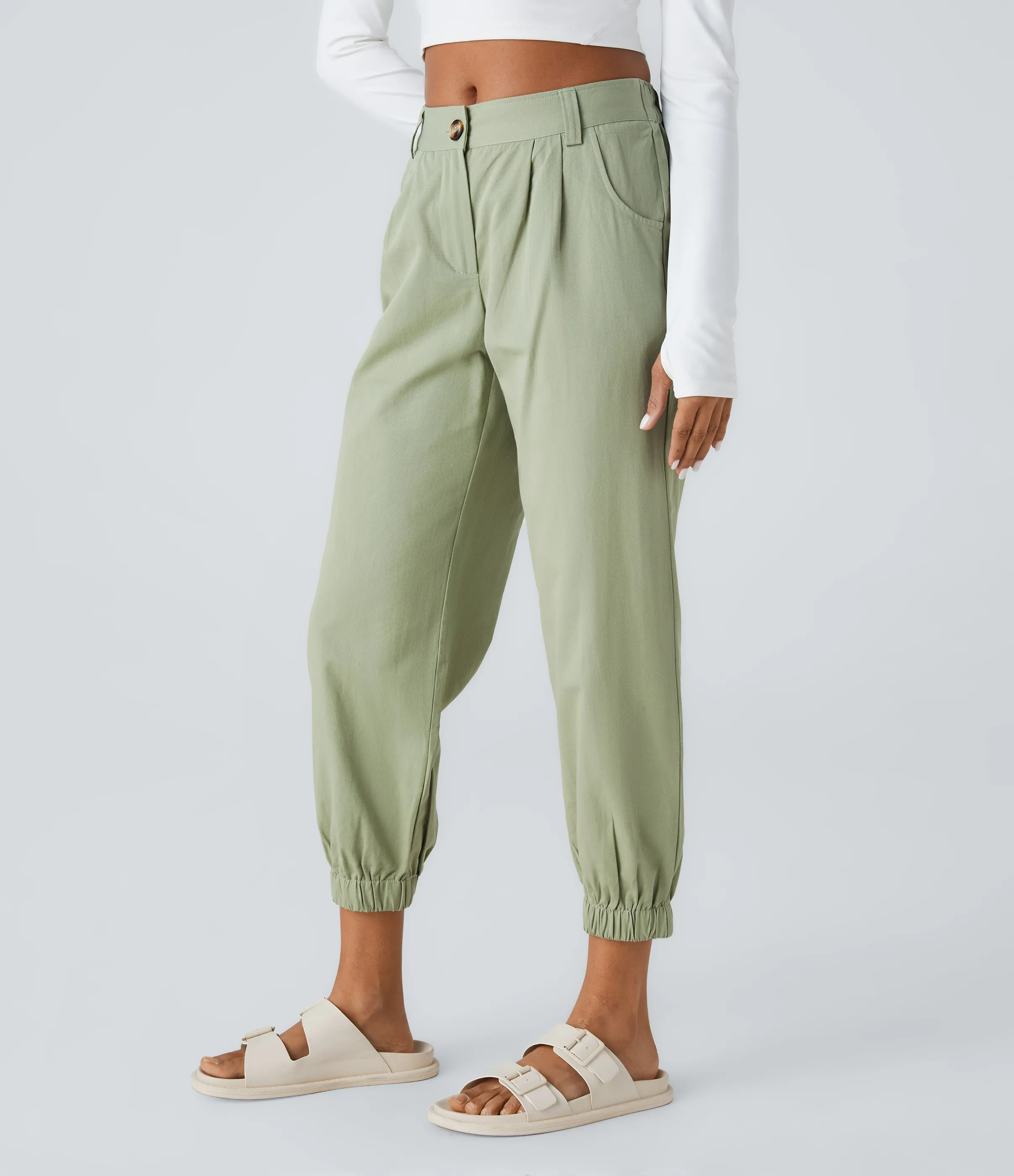 Halara Joggers algodón bolsillo lateral cremallera botón tiro medio - Laurel Green - XS(petite) sold by Halara product image thumbnail 4