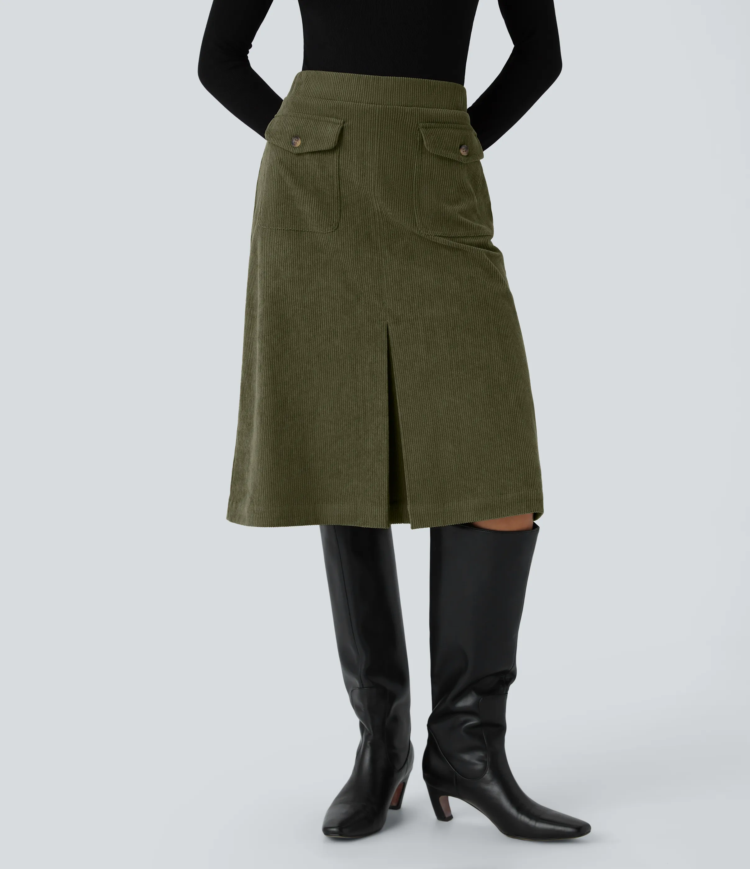 Halara Falda pana midi abertura bolsillo solapa lateral delantero tiro medio - Hazel Mist Green - S(regular) sold by Halara product image thumbnail 2