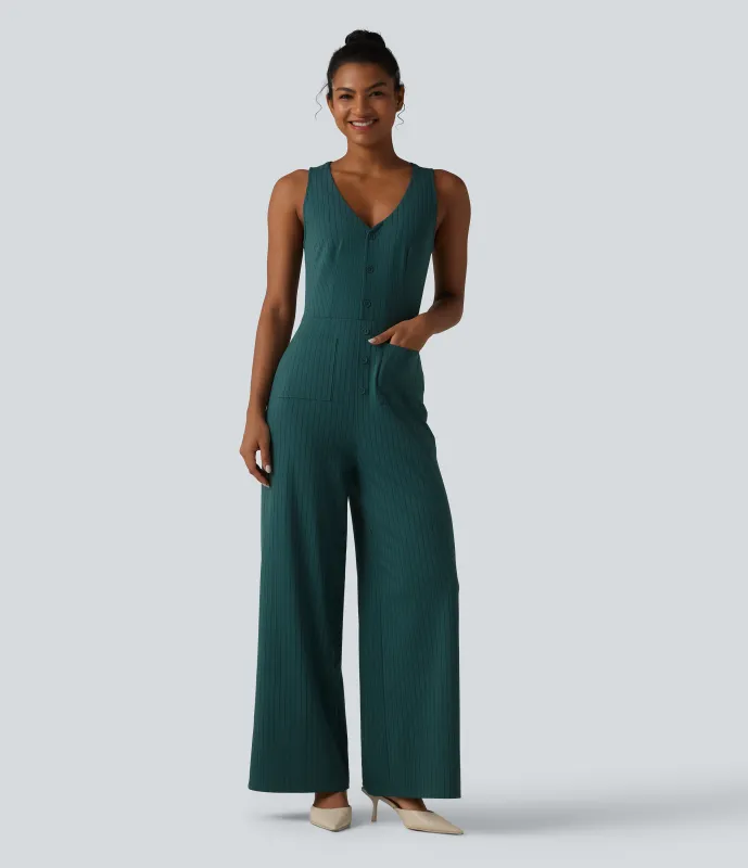 Halara Mono oficina cuello V sin mangas bolsillo delantero recortado pierna ancha rayas tacto fresco - Cloud Shadow - L(regular) made by Halara