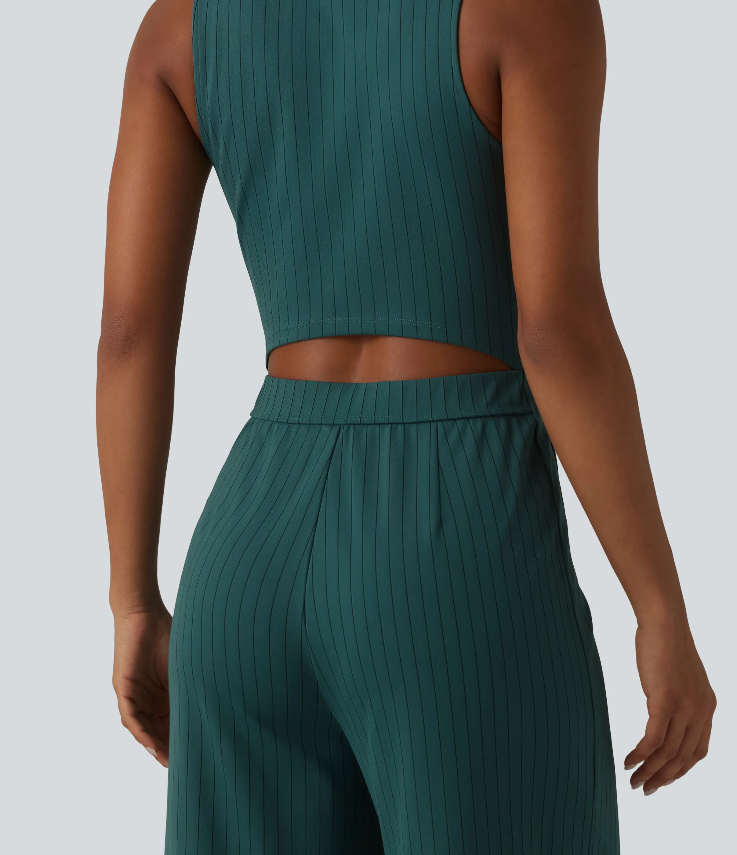 Halara Mono oficina cuello V sin mangas bolsillo delantero recortado pierna ancha rayas tacto fresco - Cloud Shadow - L(regular) sold by Halara product image thumbnail 5