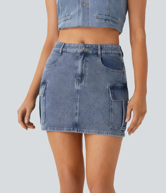 Halara Mini Falda cargo Halara Flex™ Denim mezclilla elástico cremallera botón tiro medio múltiple bolsillo - Ultramarine Denim - XL(regular) made by Halara