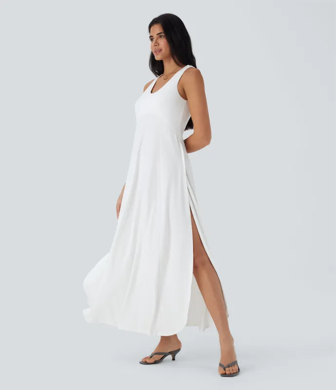 Halara Vestido largo casual fluido de tirantes con escote en U, abertura lateral y espalda descubierta - White - XS made by Halara