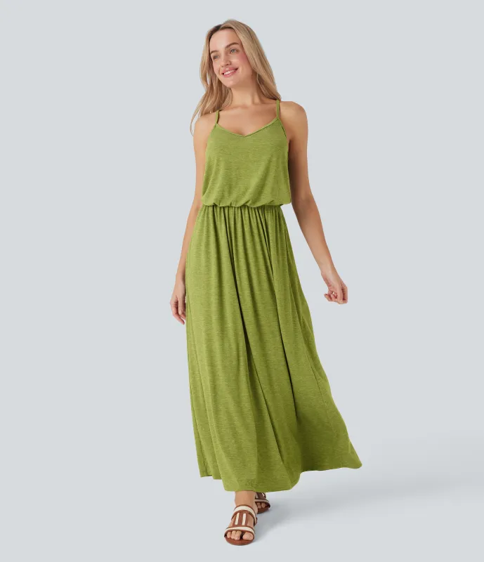 Halara Vestido largo fluido con tirantes ajustables y bolsillos para vacaciones - Soft Meadow Green - M made by Halara