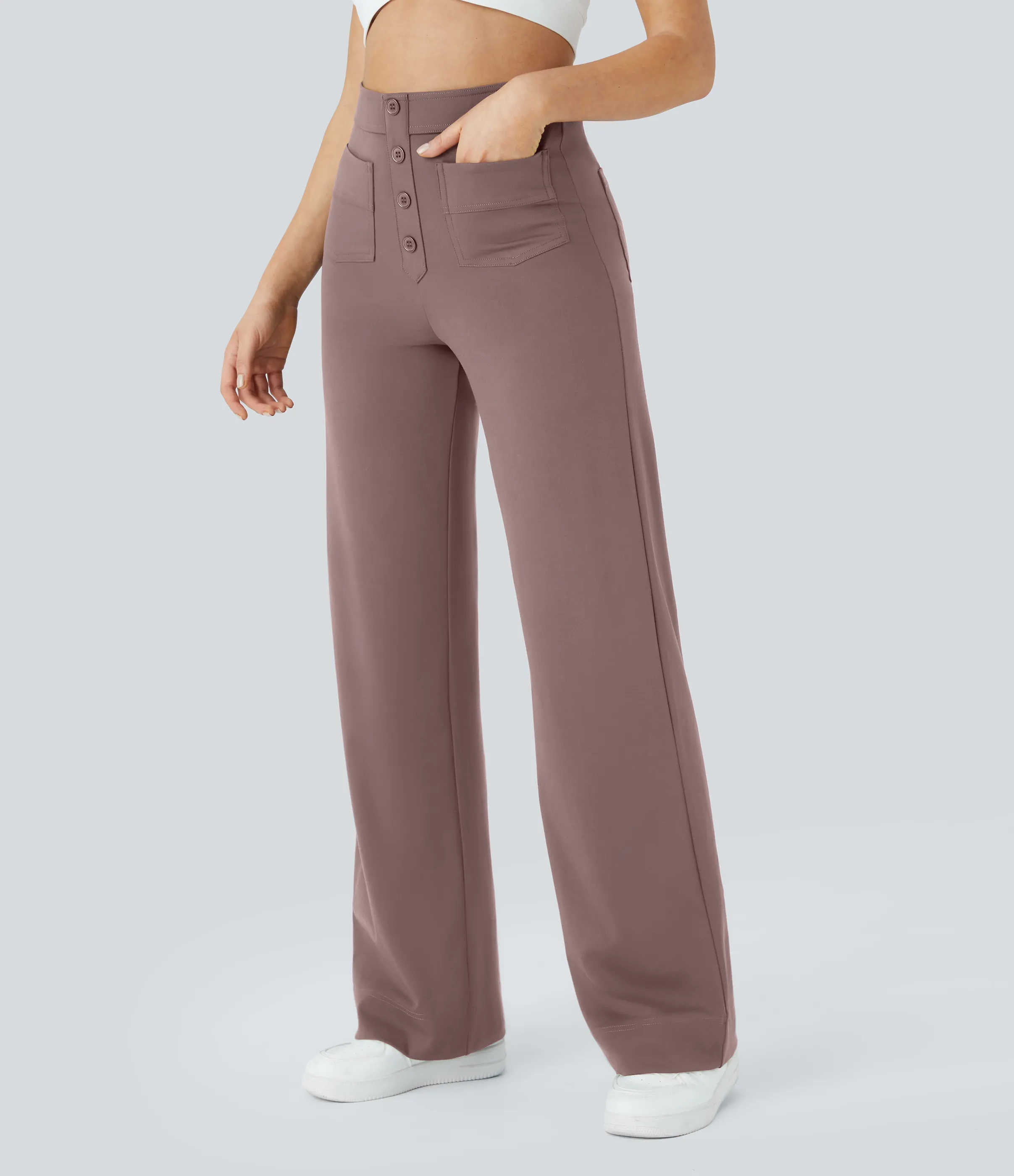 Halara Pantalones pierna recta múltiple bolsillo botón tiro alto - Purple Sandalwood - L(regular) sold by Halara product image thumbnail 4