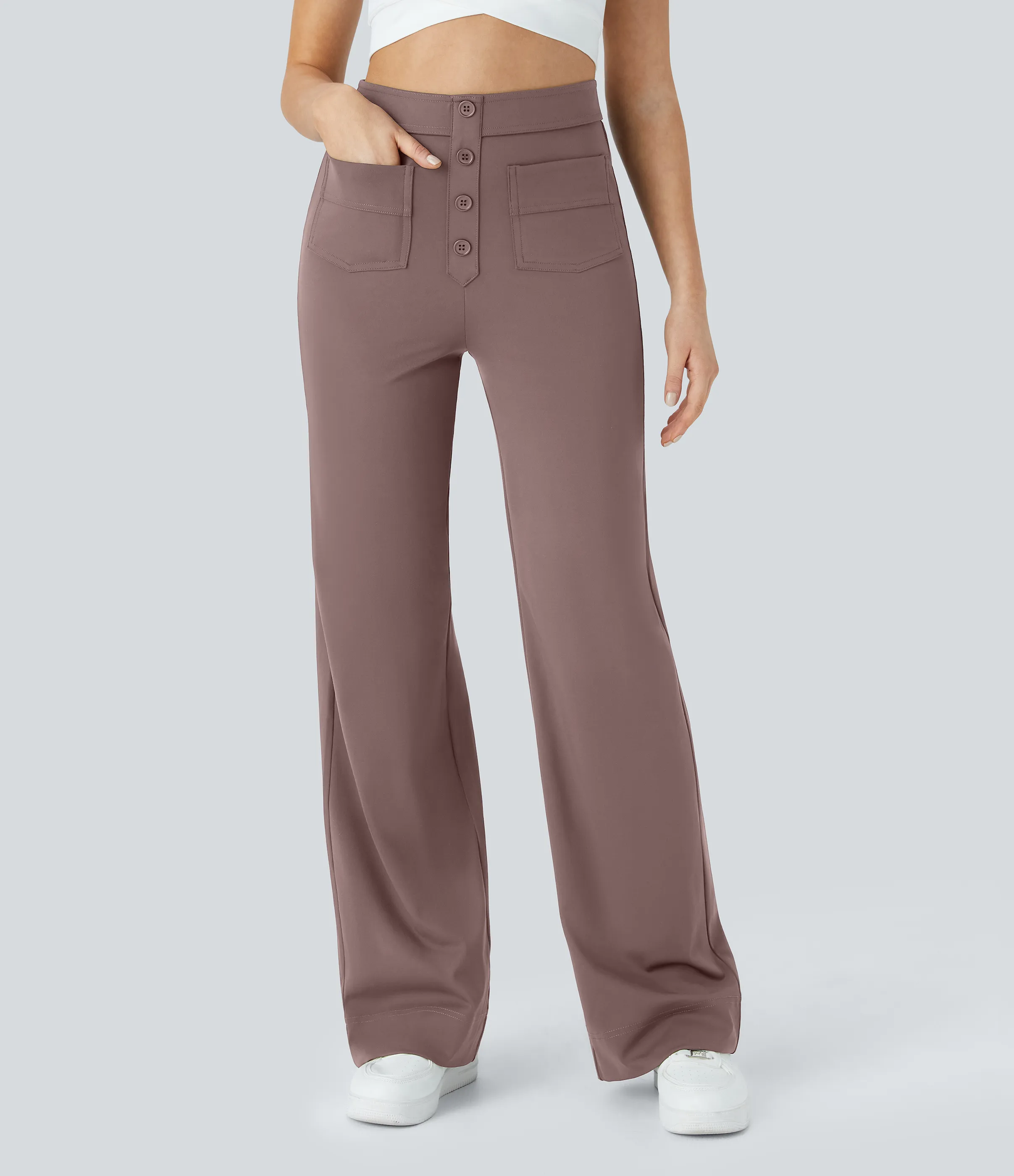 Halara Pantalones pierna recta múltiple bolsillo botón tiro alto - Purple Sandalwood - L(regular) sold by Halara product image thumbnail 5