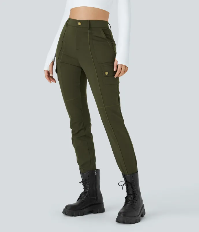 Halara Pantalón cargo ajustado tiro alto múltiple bolsillo cremallera botón - Forest Night - XL(regular) made by Halara