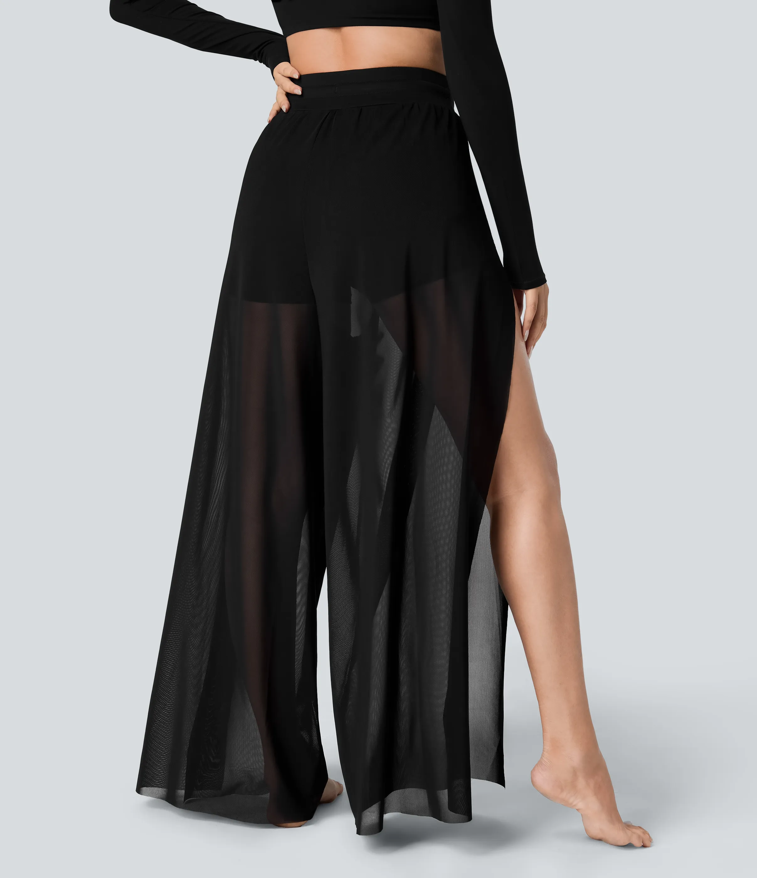 Halara Pantalón yoga fluido pierna ancha bolsillo lateral 2 en 1 abertura malla contrastante cordón tiro alto - Black - S(regular) sold by Halara product image thumbnail 3