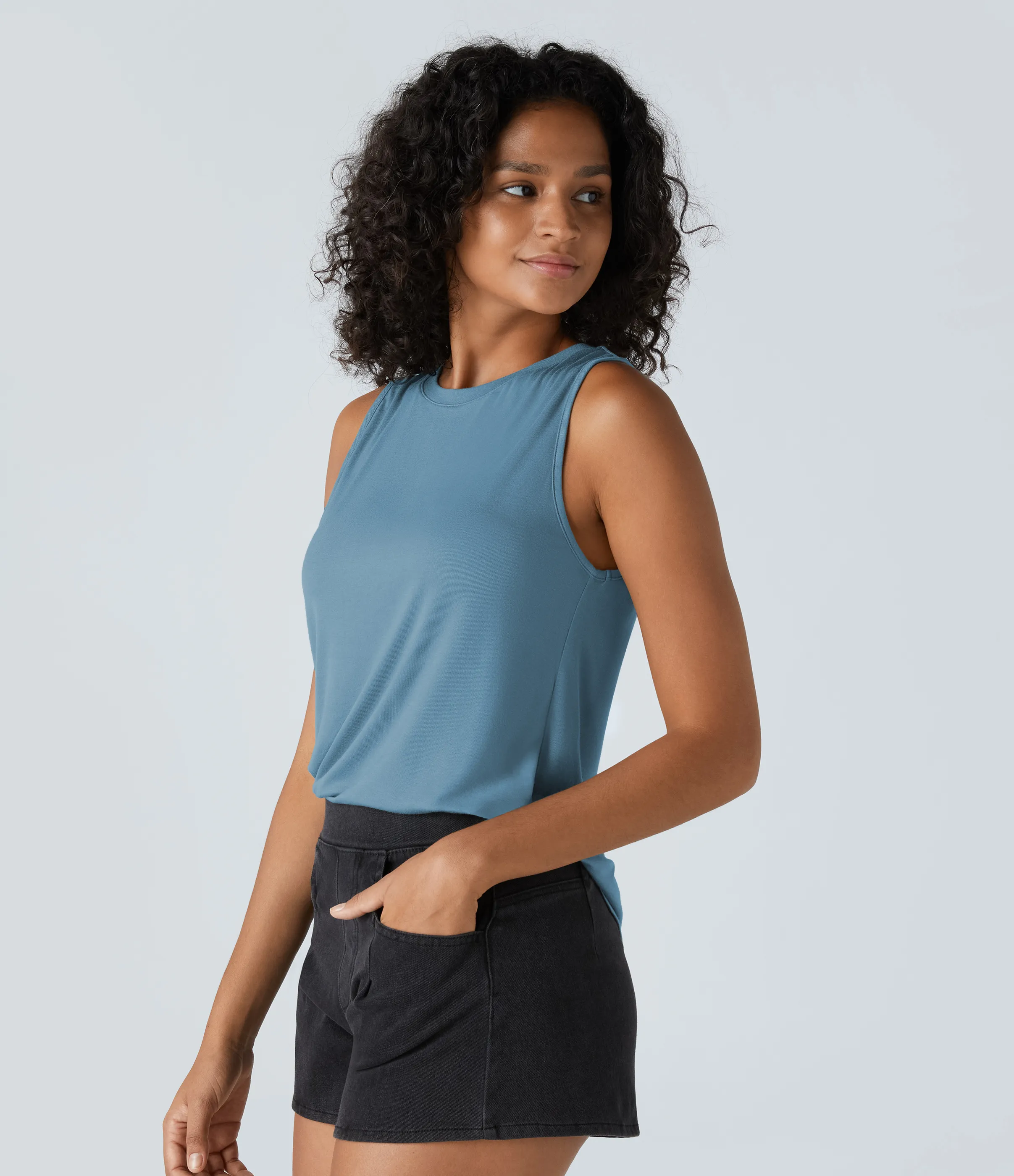 Halara Camiseta sin mangas básica cuello redondo acanalado - Rainy Sky Blue - S sold by Halara product image thumbnail 4