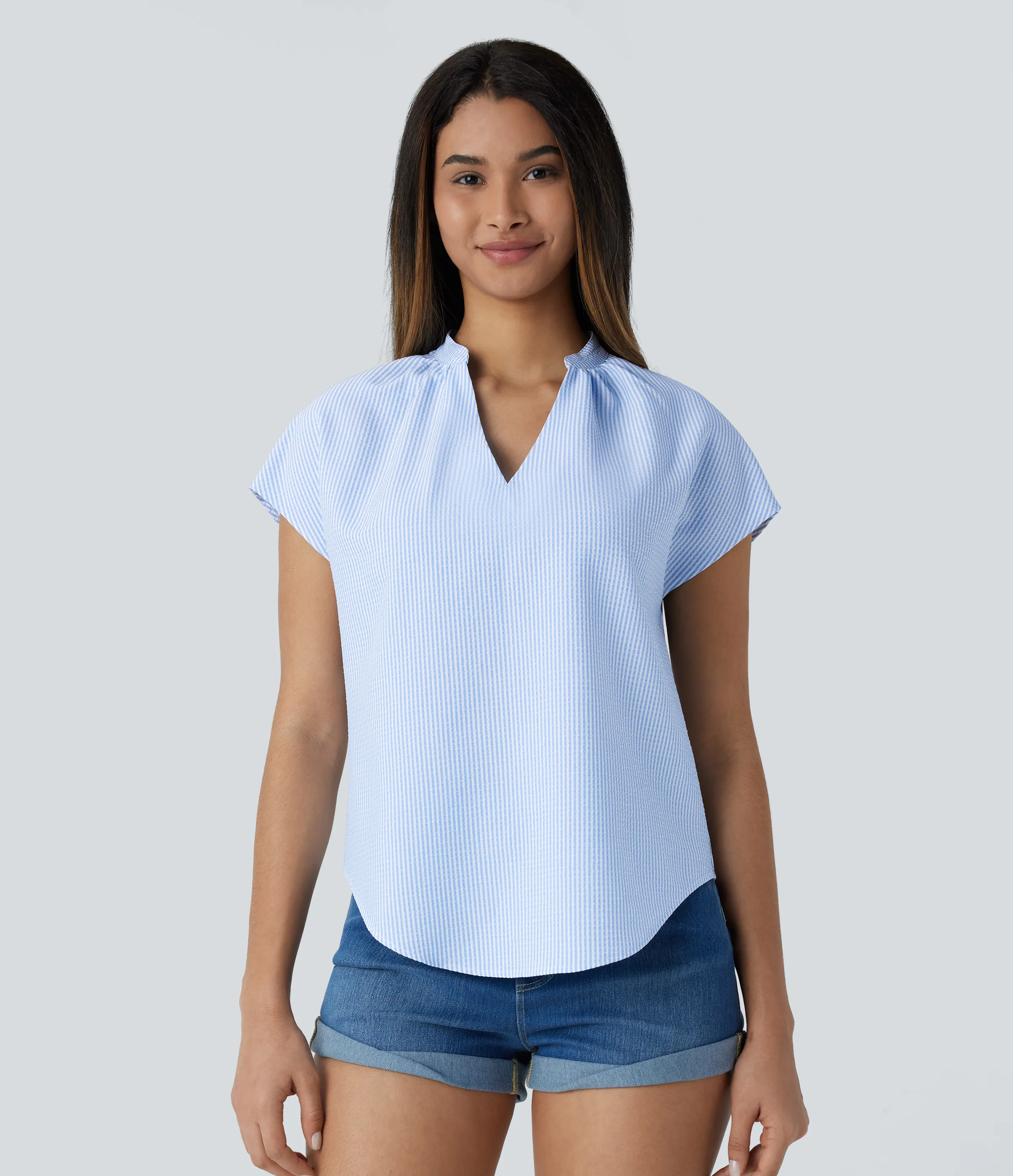 Halara Blusa rayas dobladillo curvo manga corta cuello V - Azure White Stripe - XS sold by Halara product image thumbnail 3
