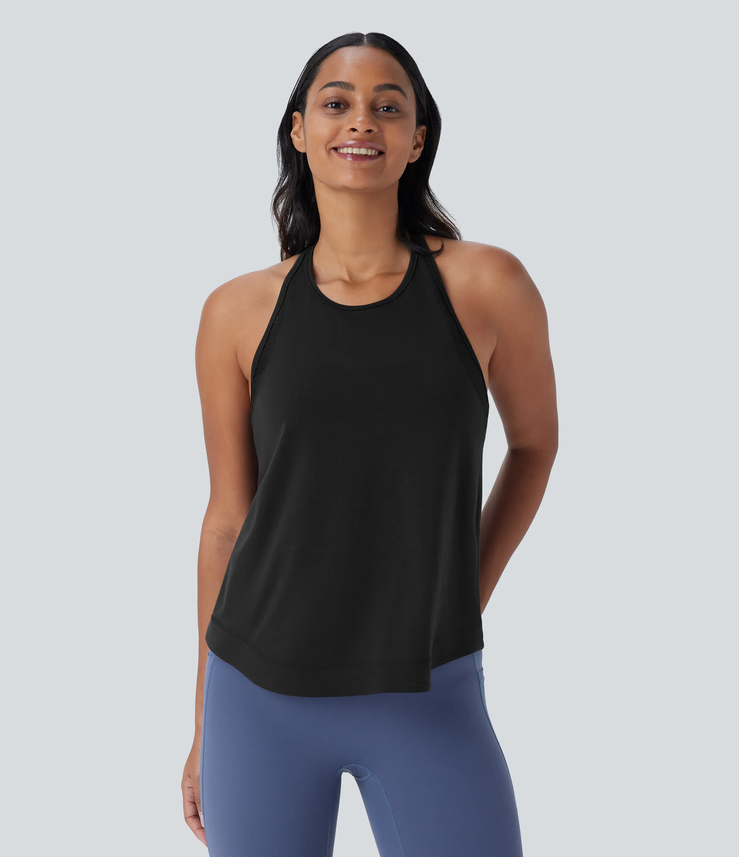 Halara Camiseta sin mangas correr secado rápido rayas dobladillo curvo espalda cruzada - Black - S sold by Halara