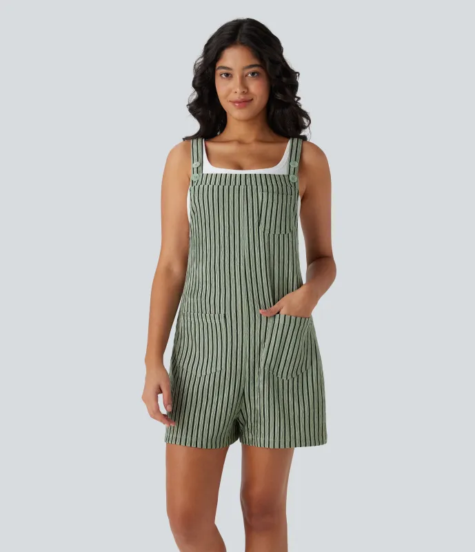 Halara Overol casual a rayas con tirantes ajustables, bolsillos y botones - Grey Green Black Stripes - XL(regular) made by Halara