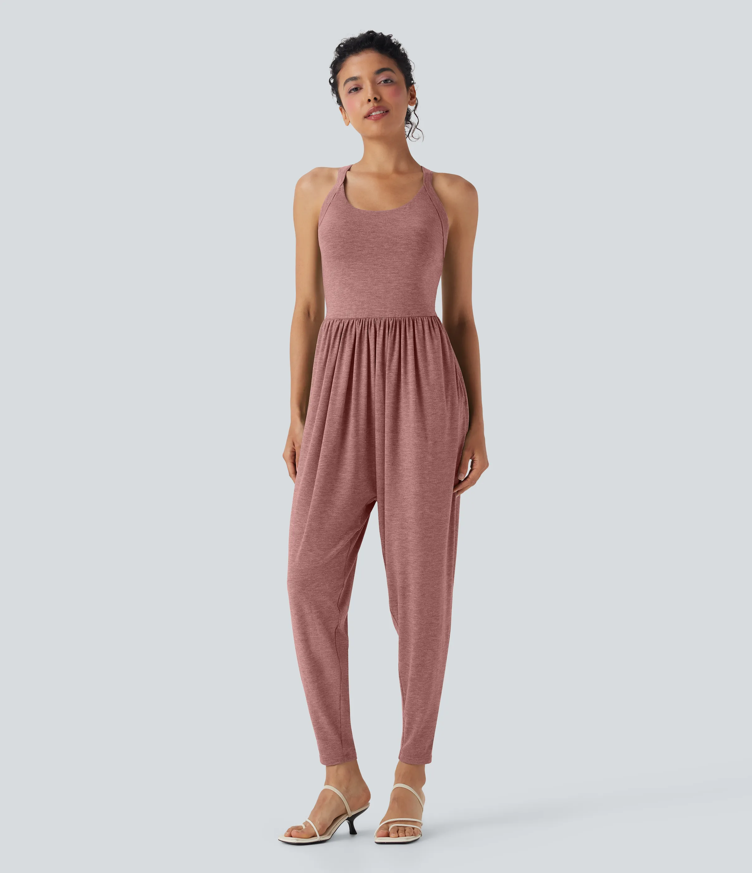 Halara Jumpsuit casual tipo harem con escote en U y bolsillos edición Easy Peezy en copas D-F - Brick Red Mix - XL(regular) sold by Halara product image thumbnail 3