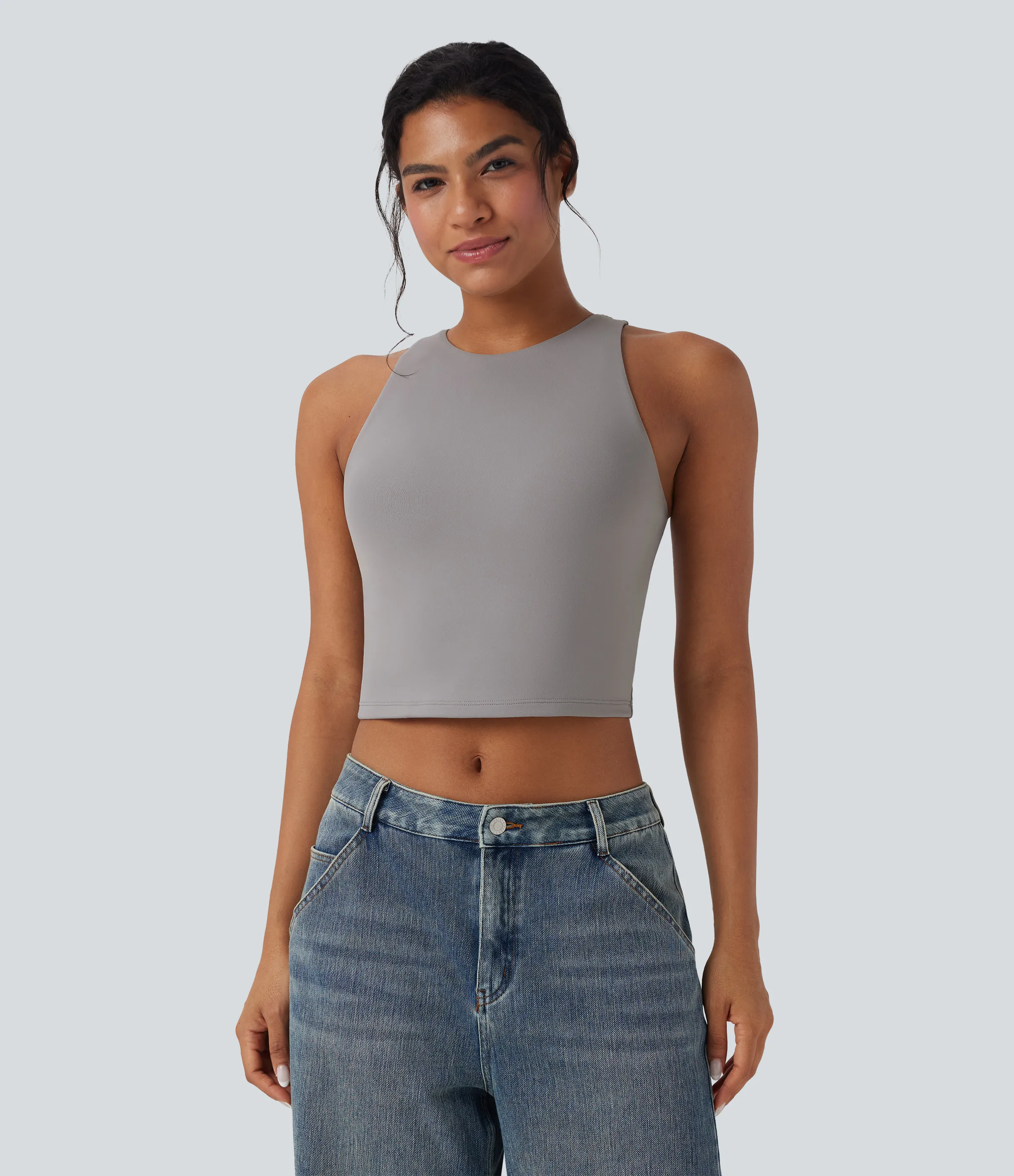 Halara Top corto casual sin mangas con cuello redondo y abertura en la espalda - Ghost Gray - XL sold by Halara product image thumbnail 2