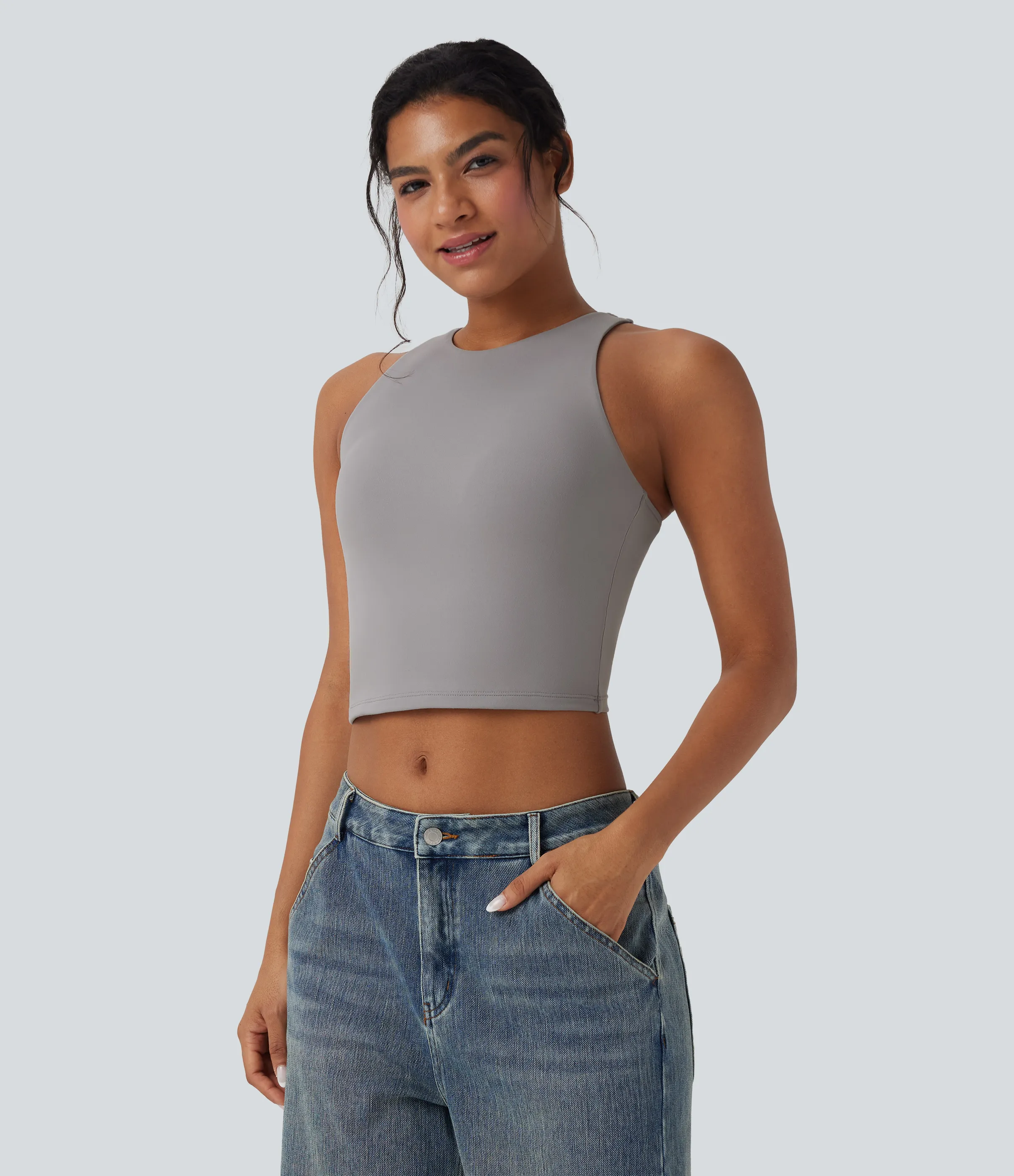 Halara Top corto casual sin mangas con cuello redondo y abertura en la espalda - Ghost Gray - XL sold by Halara product image thumbnail 4