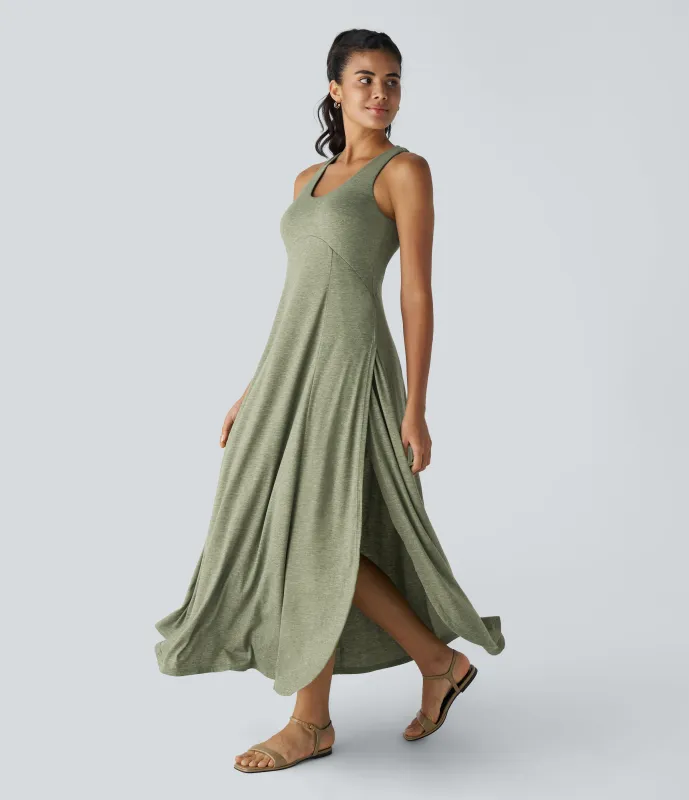 Halara Vestido sin mangas largo fluido dividido sin espalda cuello U - Light Green Floral Yarn - XS made by Halara