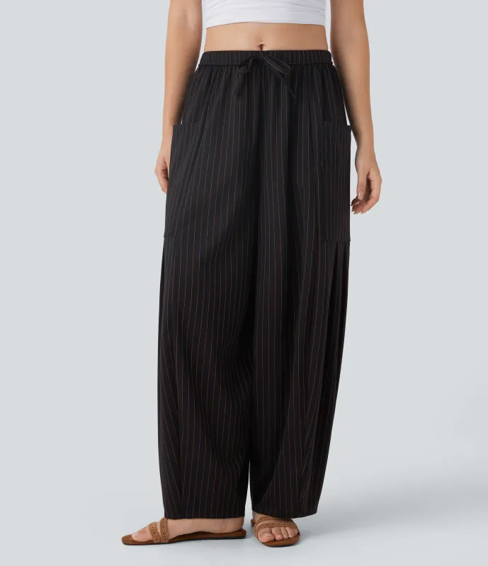 Halara Pantalón tacto fresco resort tiro medio bolsillo lateral cordón pierna ancha gran tamaño raya - Black Brown Black Pinstripe - XS(regular) made by Halara
