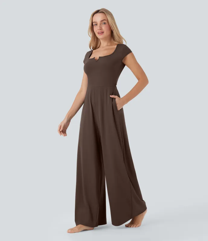 Halara Mono de yoga ancho Softlyzero™ de manga corta con cuello entallado de tacto fresco con bolsillos laterales - Edición Easy Peezy - Chocolate Martini - XS(regular) made by Halara