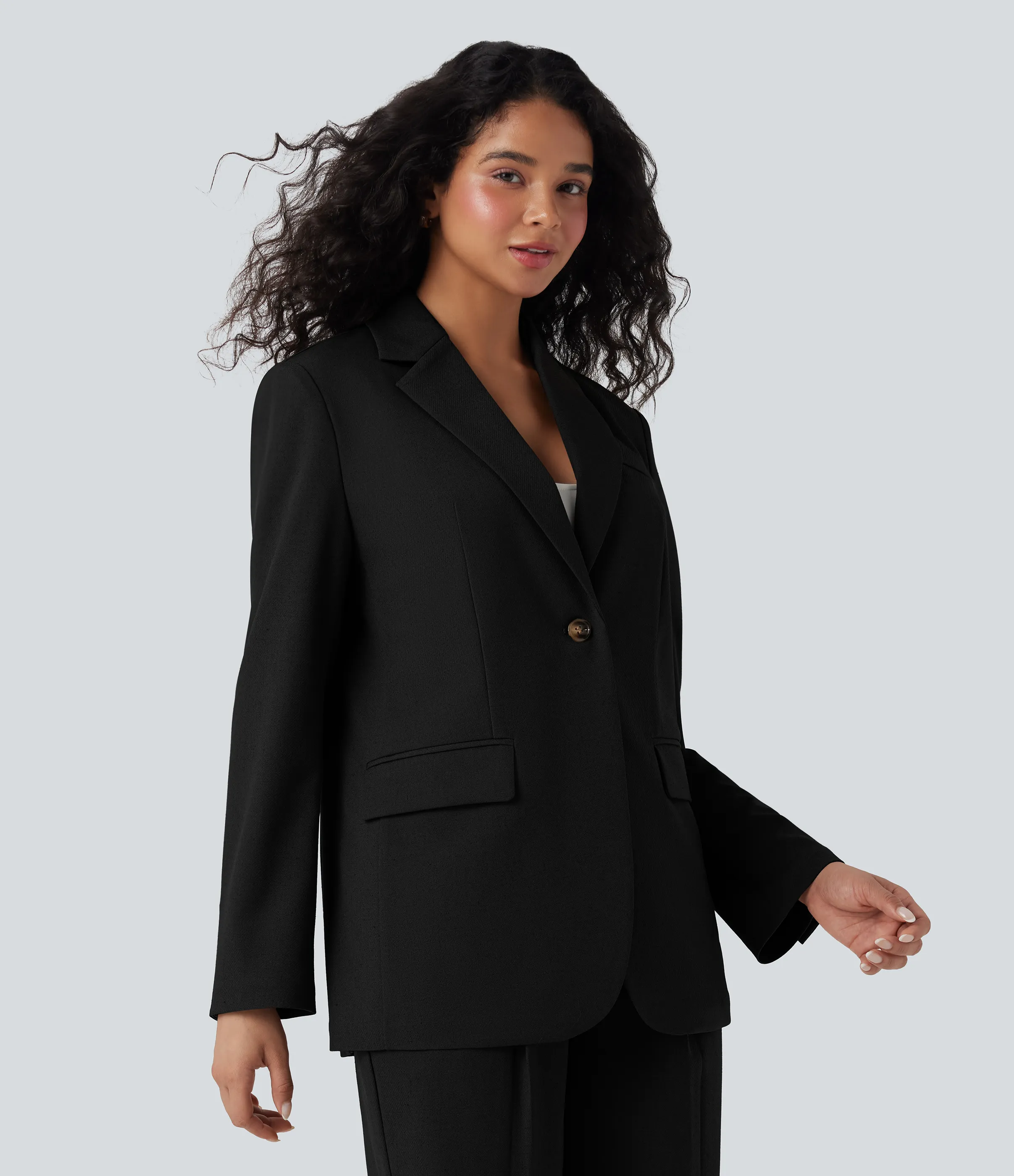 Halara Blazer de lino de oficina de manga larga con cuello con solapas y bolsillos - Black - S sold by Halara product image thumbnail 4