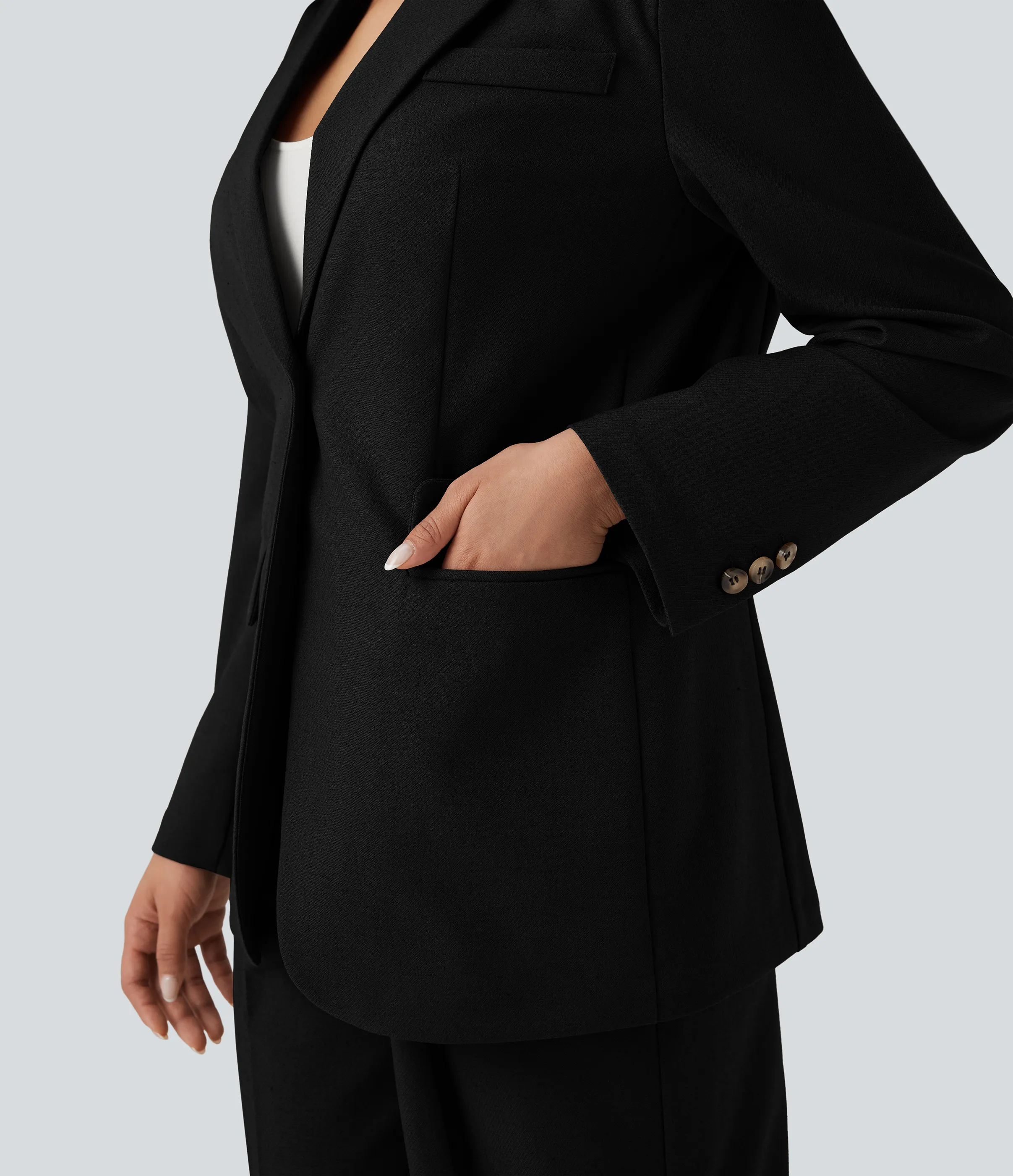 Halara Blazer de lino de oficina de manga larga con cuello con solapas y bolsillos - Black - S sold by Halara product image thumbnail 5