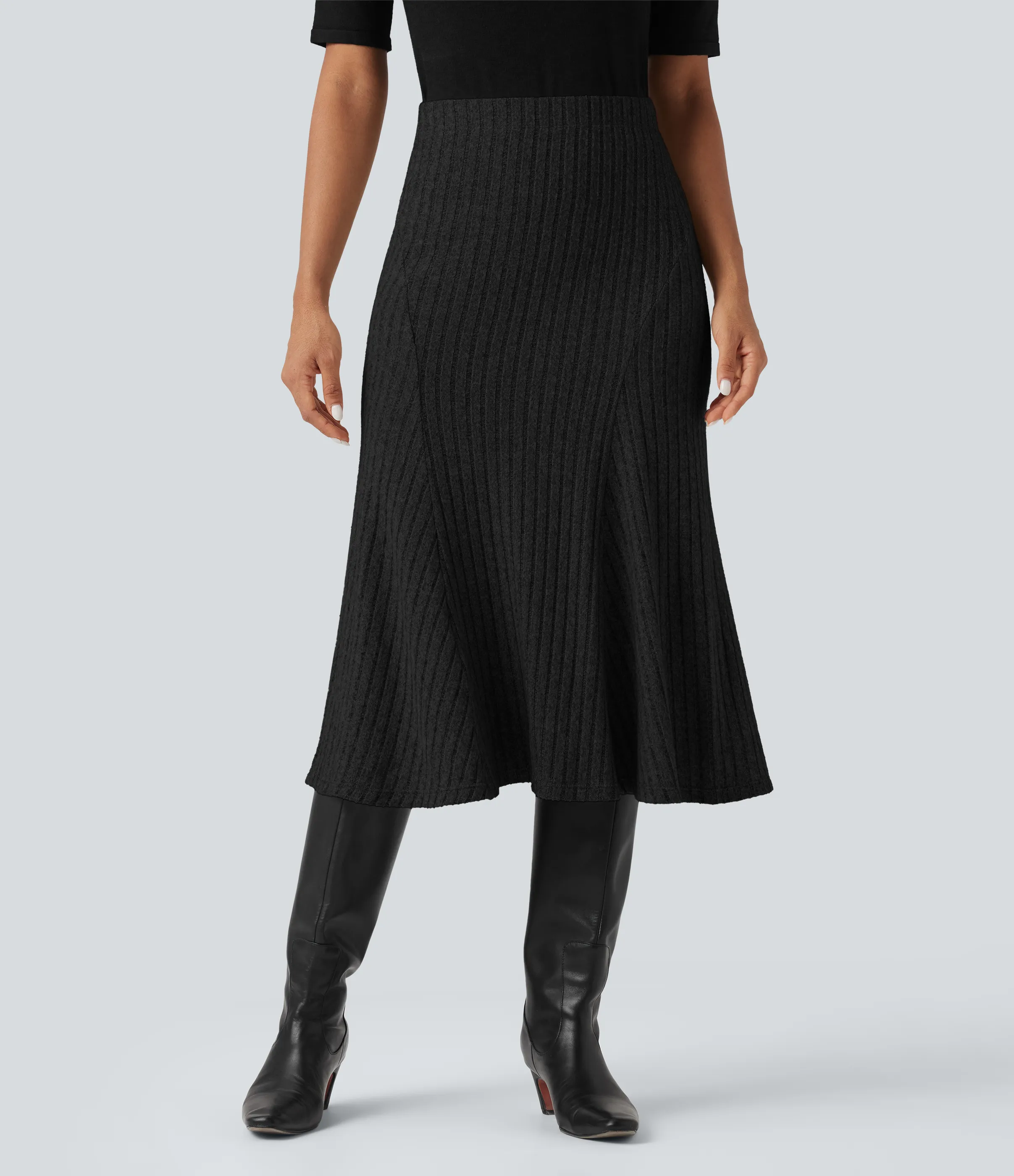 Halara Falda midi casual de tiro alto con corte A y punto acanalado - Black - L(regular) sold by Halara product image thumbnail 2