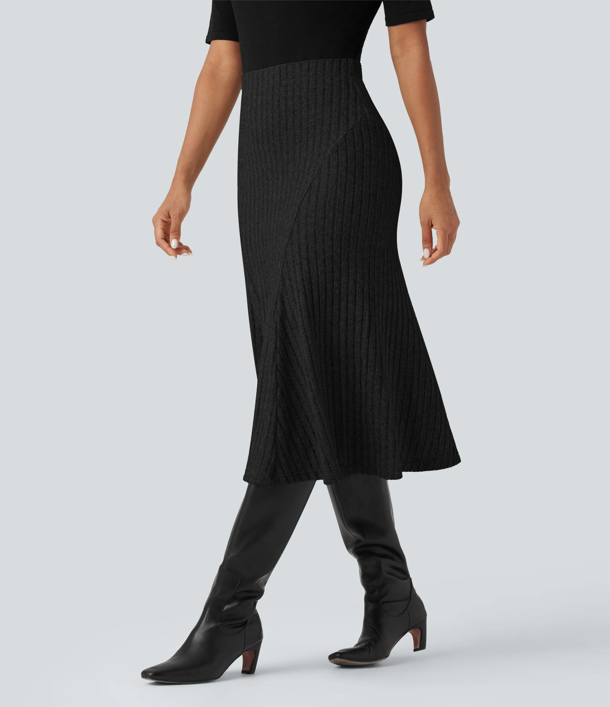 Halara Falda midi casual de tiro alto con corte A y punto acanalado - Black - L(regular) sold by Halara product image thumbnail 4