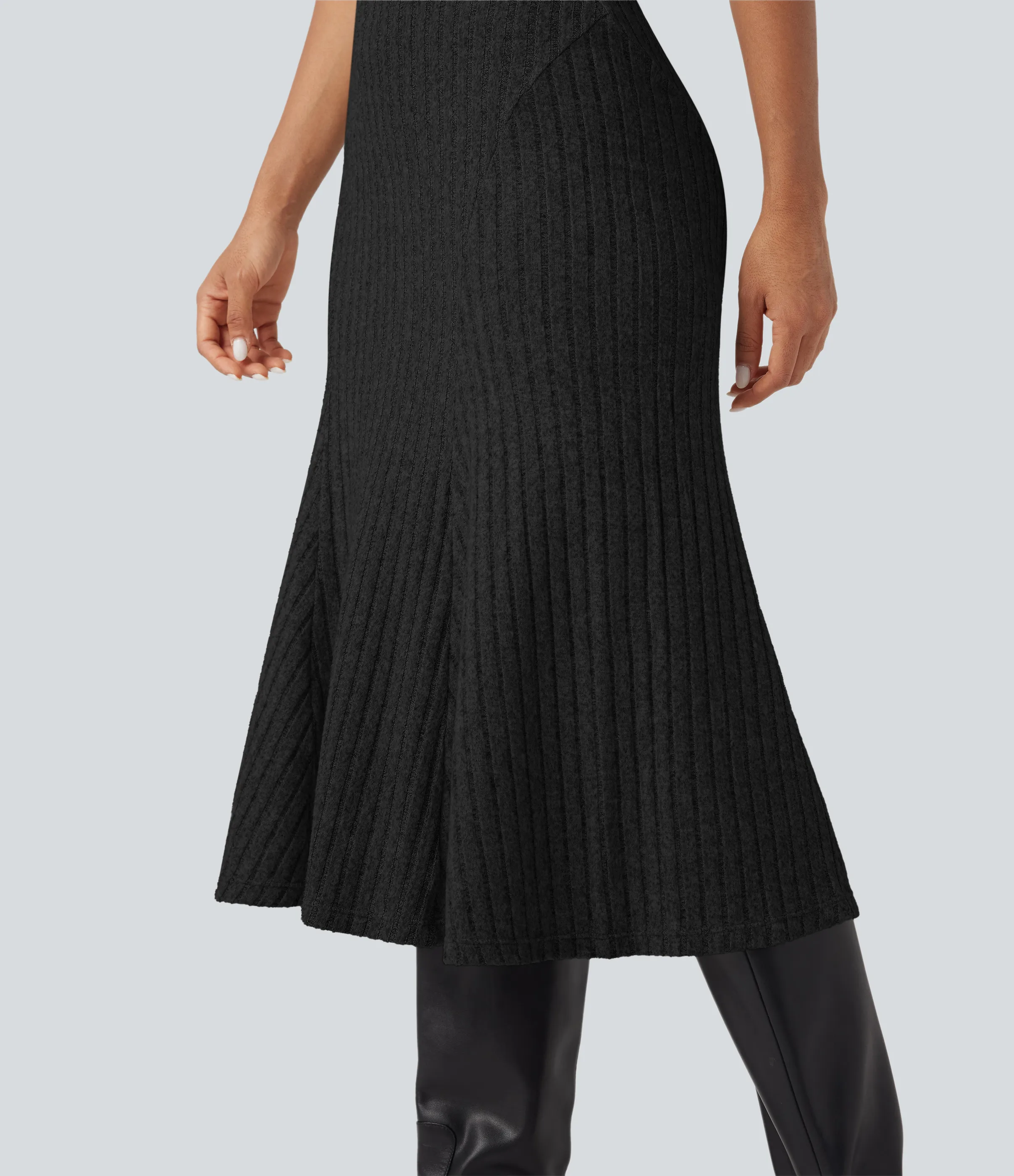 Halara Falda midi casual de tiro alto con corte A y punto acanalado - Black - L(regular) sold by Halara product image thumbnail 5
