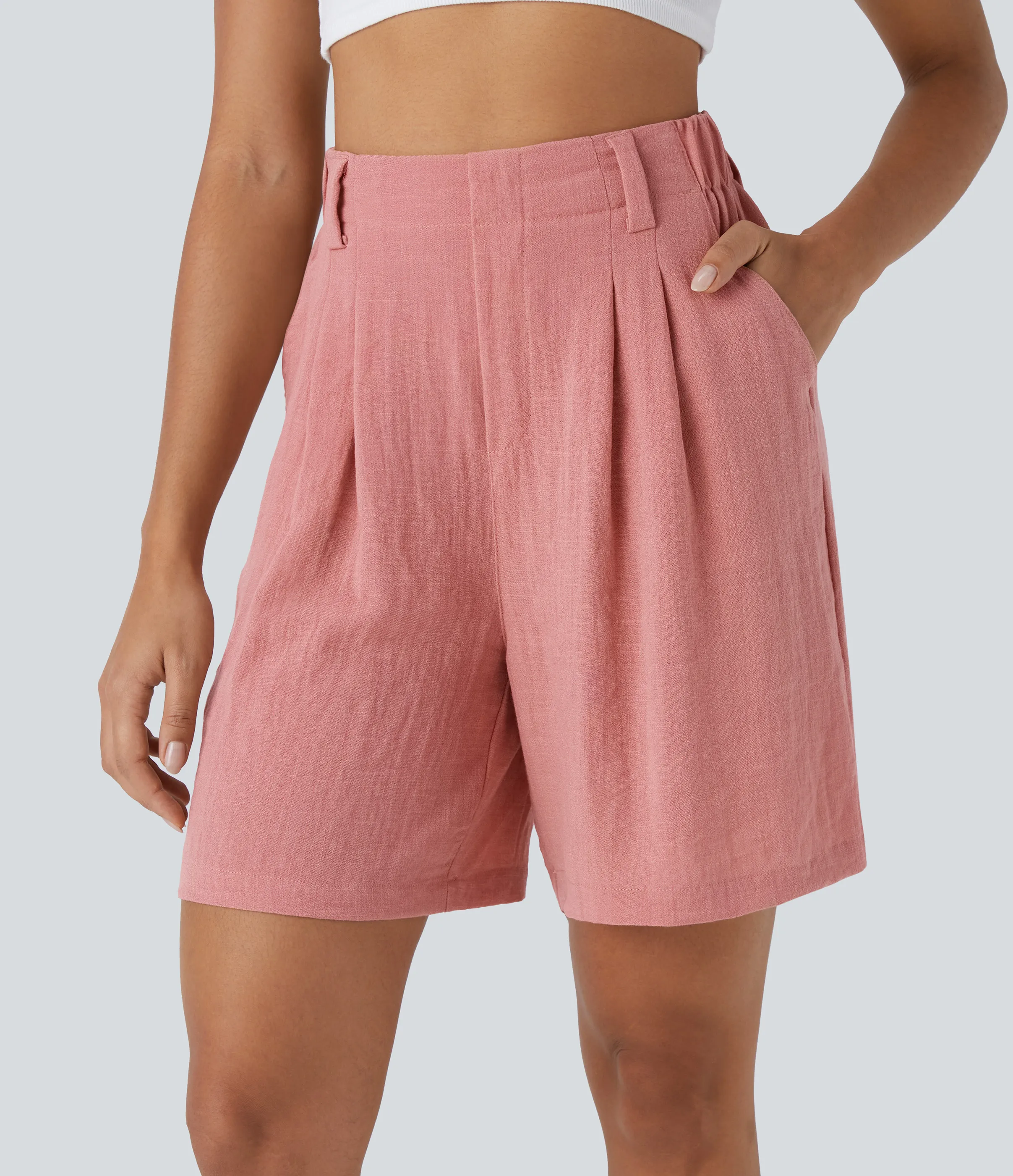 Halara Bermudas casuales anchas con tacto de lino de tiro alto, bolsillo lateral plisado - Rosette - L sold by Halara product image thumbnail 2
