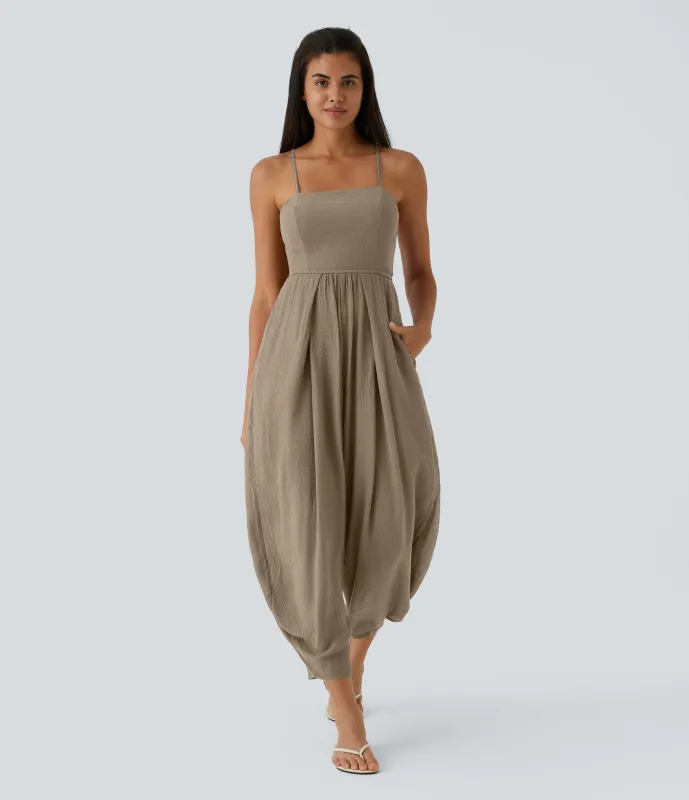 Halara Mono plisado con tirantes finos de espalda descubierta con bolsillo lateral y botones - Khaki Brown - L(regular) made by Halara