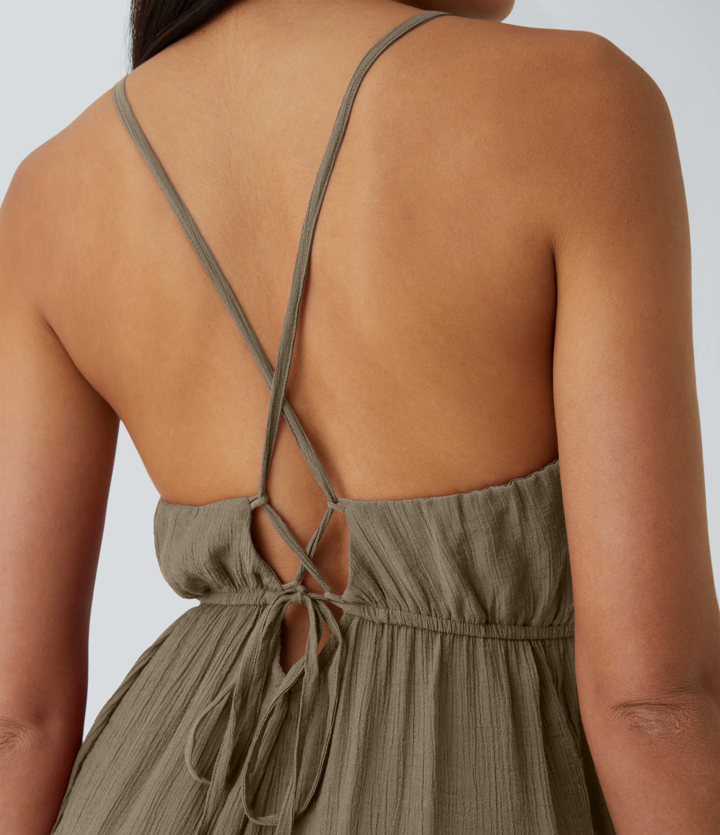 Halara Mono plisado con tirantes finos de espalda descubierta con bolsillo lateral y botones - Khaki Brown - L(regular) sold by Halara product image thumbnail 5