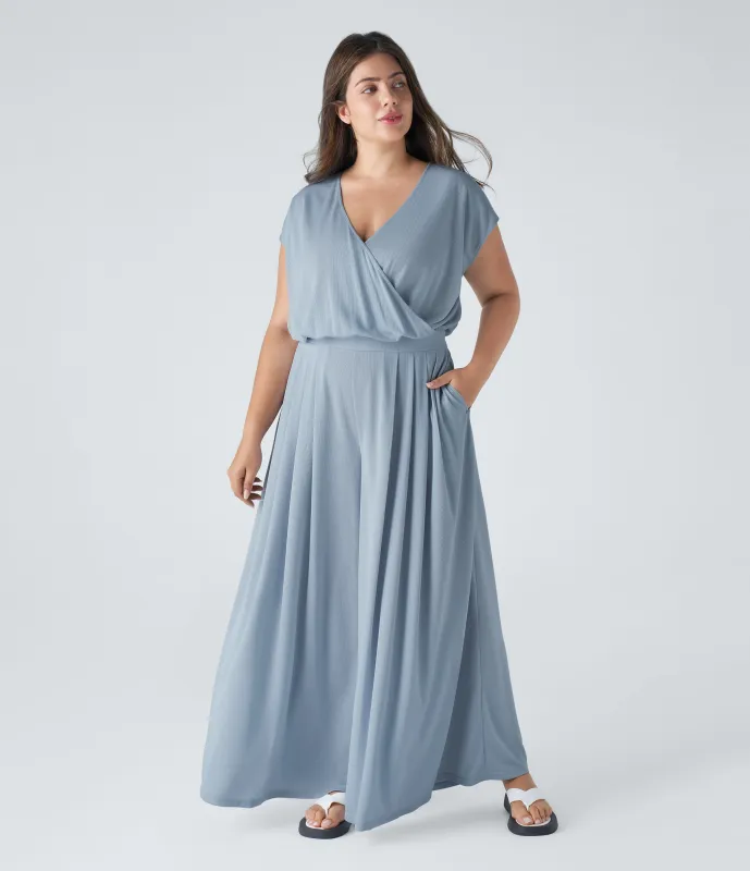 Halara Mono talla grande cuello V manga corta bolsillo lateral plisado pierna ancha gofre fluido - Quiet Blue - 1X made by Halara