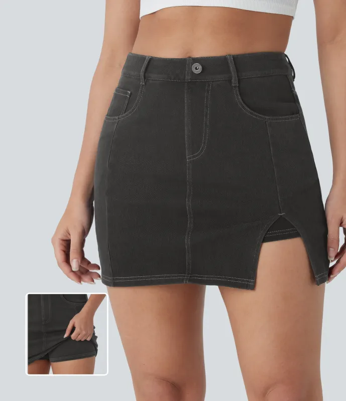 Halara Mini Falda Halara Flex™ Denim vaquera elástico lavado 2 en 1 múltiple bolsillo tiro alto abertura - Hemp Rope Black Denim - XL(regular) made by Halara