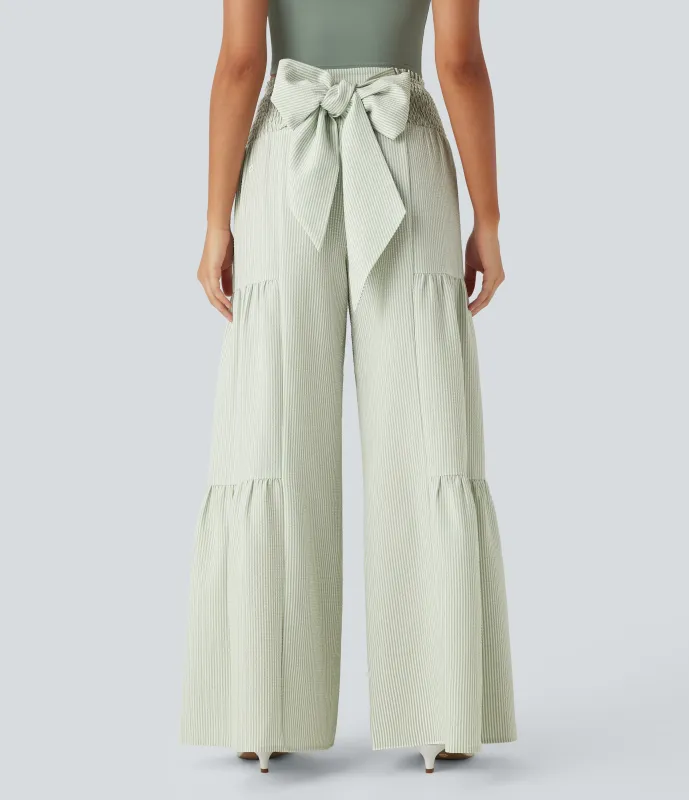 Halara Pantalones anchos casuales de tiro alto con lazo en la espalda, fruncido y rayas fluidas - Light Green White Stripe - L(regular) made by Halara