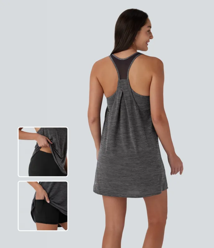 Halara Minivestido deportivo de yoga de dos piezas con escote en U, espalda cruzada y malla en contraste, bolsillos laterales - Deep Gray Texture - L made by Halara