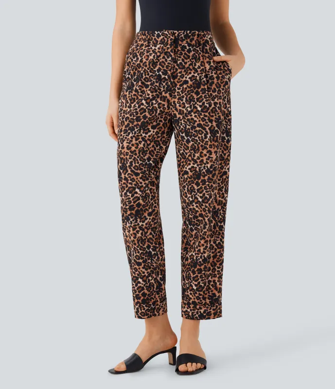Halara Pantalones casuales de cintura alta con estampado de leopardo y bolsillos - Gold Leopard Print - XS(regular) made by Halara