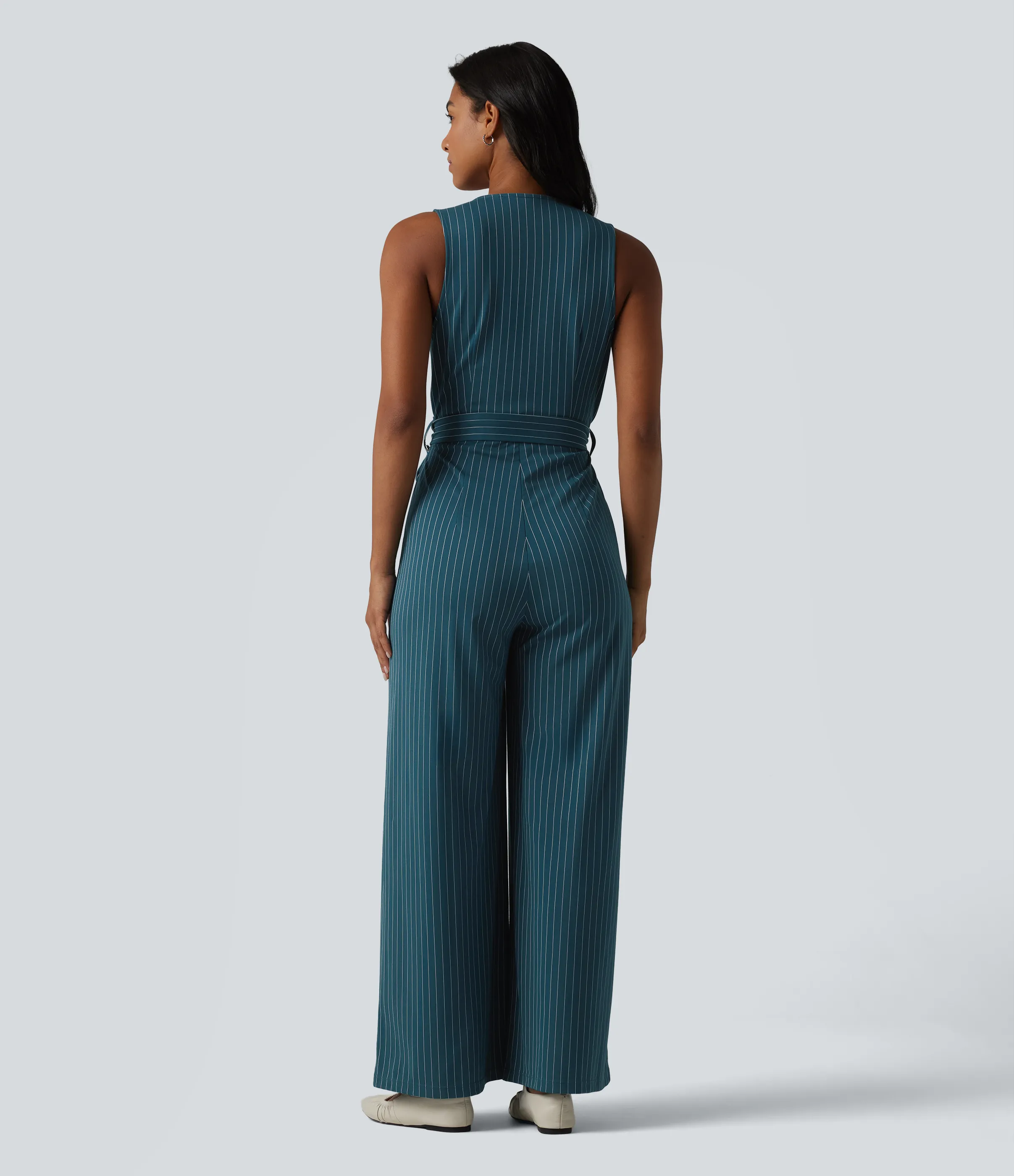 Halara Mono de oficina a rayas sin mangas con cuello en V, botones, cinturón, cremallera invisible de tacto fresco con bolsillos - Easy Peezy - Teal Pinstripe - XS(regular) sold by Halara product image thumbnail 3