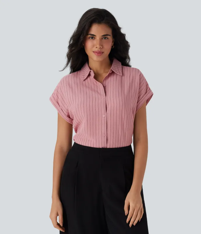 Halara Camisa de lino de oficina a rayas de manga corta con cuello y botones - Candy Pink Black Yarn Dye Stripes - XL made by Halara