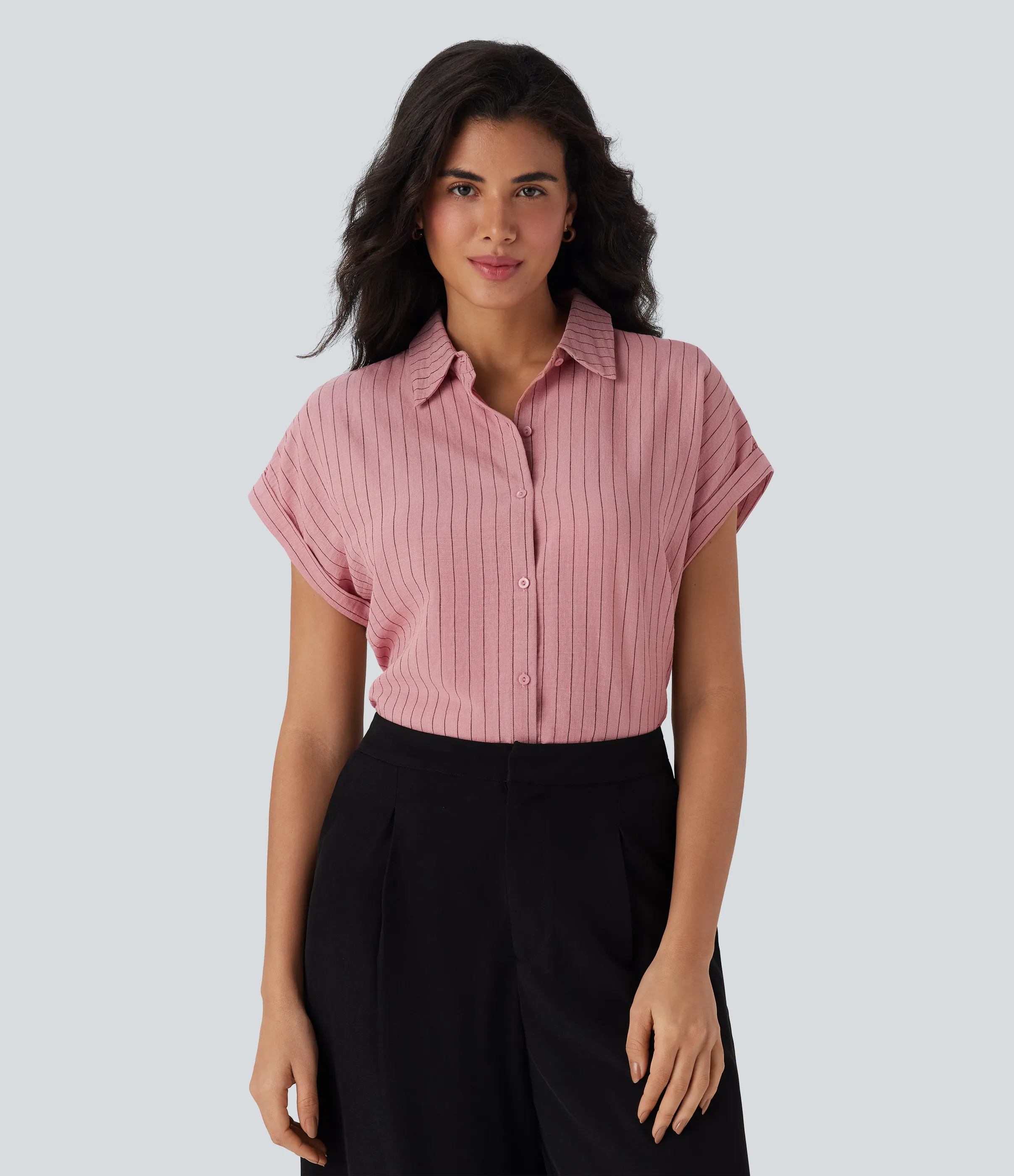 Halara Camisa de lino de oficina a rayas de manga corta con cuello y botones - Candy Pink Black Yarn Dye Stripes - XL sold by Halara